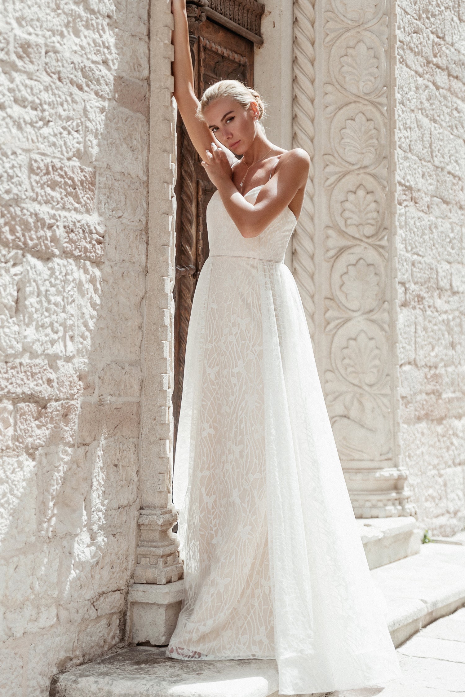 TINA HOLLY COUTURE TE921 A-Line chiffon wedding dress with floral lace design, bridal wear from Brisbane to Gold Coast, Australia.