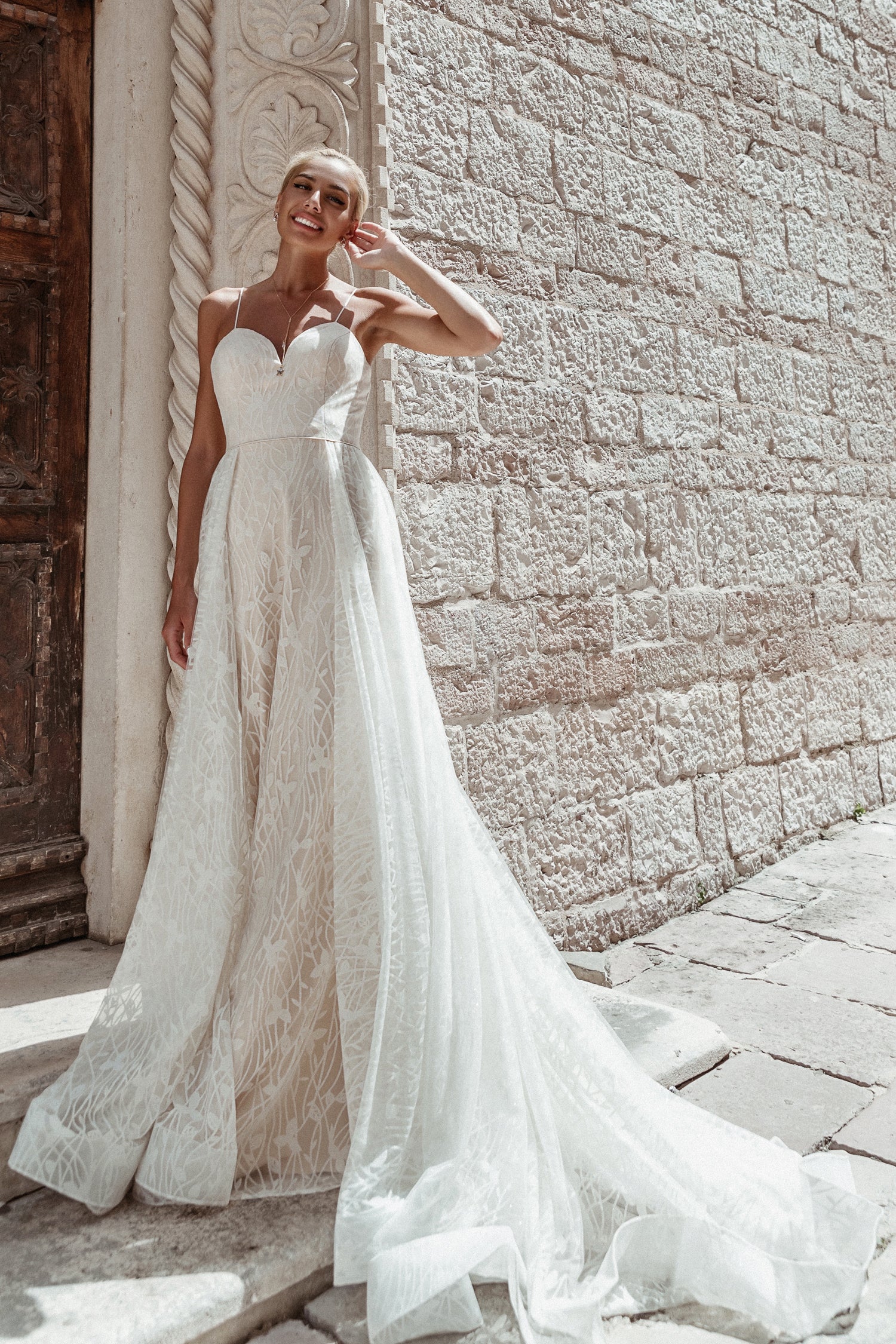 TINA HOLLY COUTURE TE921 White & Champagne A-Line Chiffon Wedding Dress with padded bust, flowing train, Brisbane to Gold Coast, Australia