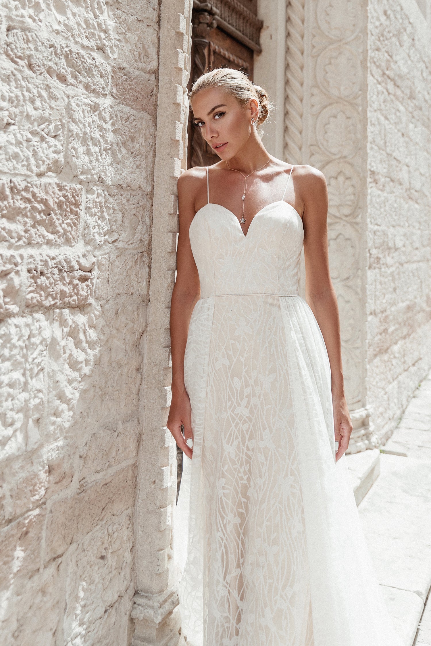 TINA HOLLY COUTURE TE921 A-line chiffon wedding dress with mesh inset, worn by bride in white and champagne, Brisbane to Gold Coast, Australia.