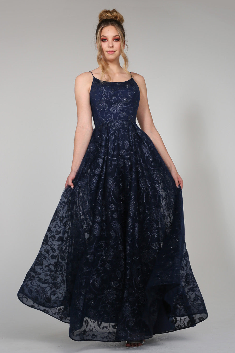 TINA HOLLY COUTURE TH018 Navy Blue Floral Glitter Dress, Scoop Neckline Ball Gown, School Formal Dress, Brisbane to Gold Coast, Australia