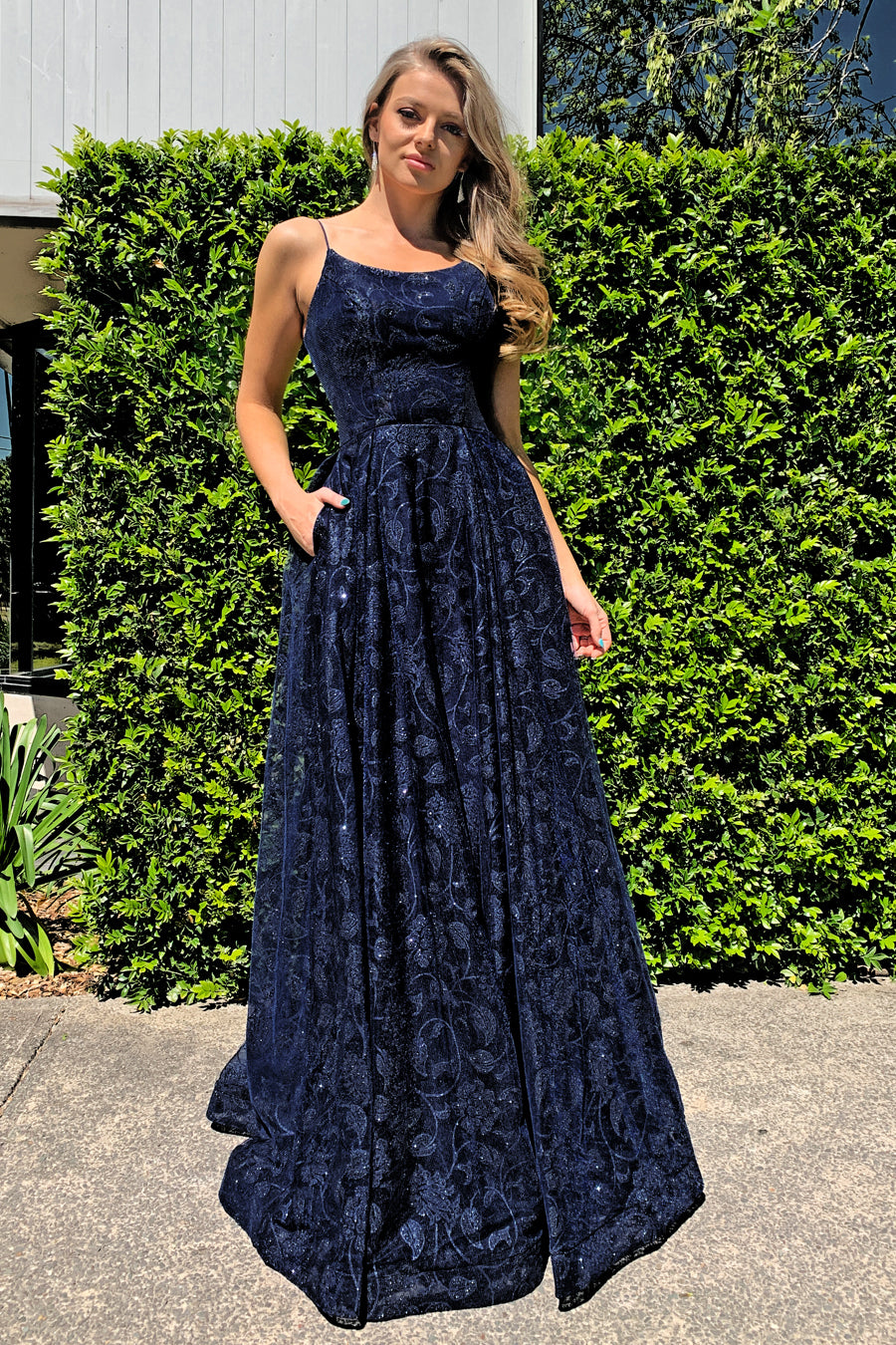 TINA HOLLY COUTURE TH018 Blue Floral Ball Gown with glitter fabric, navy scoop neckline. School formal dress from Brisbane to Gold Coast.