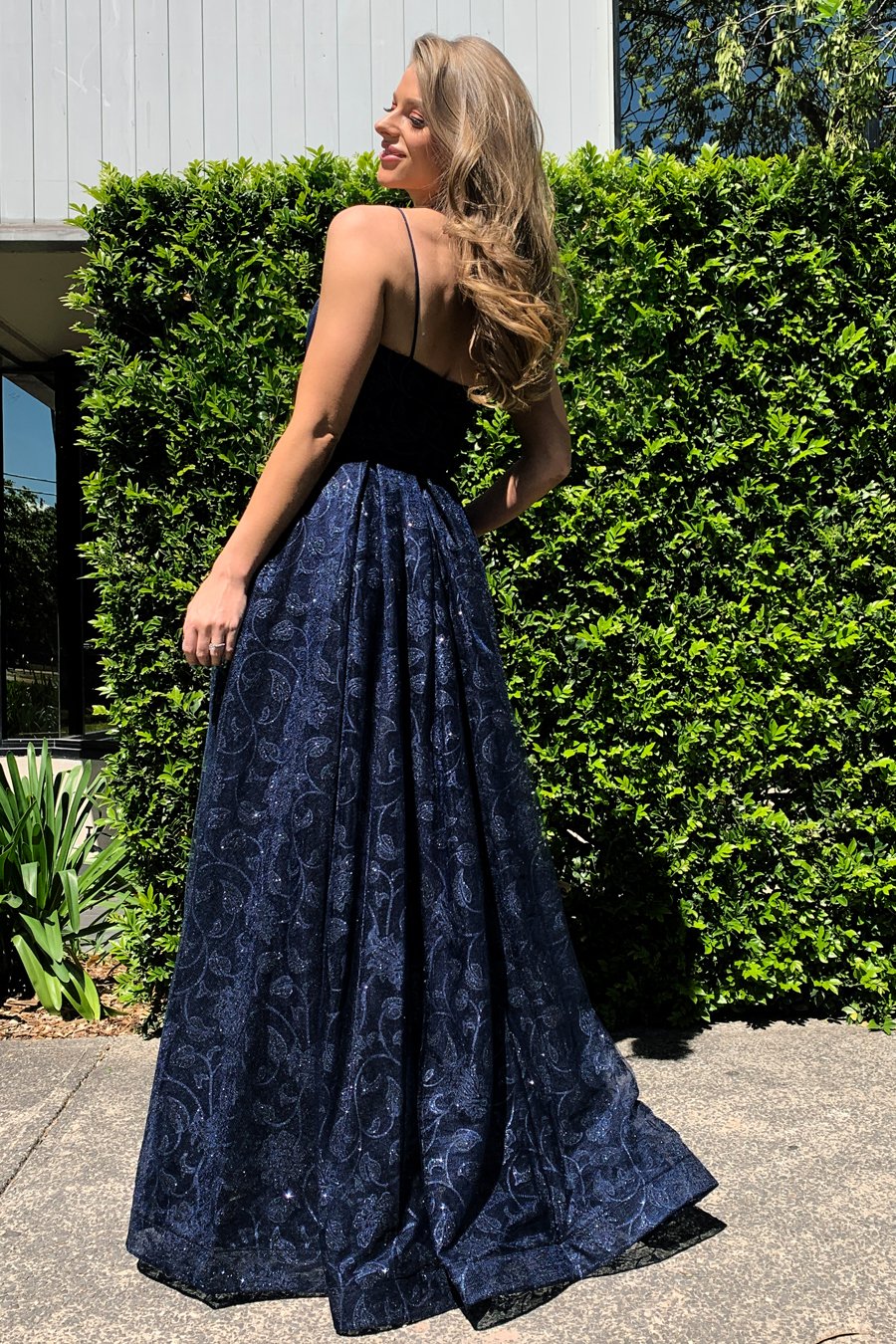 TINA HOLLY COUTURE TH018 blue floral ball gown with glitter fabric, perfect for school formal or bridesmaid, Brisbane to Gold Coast.