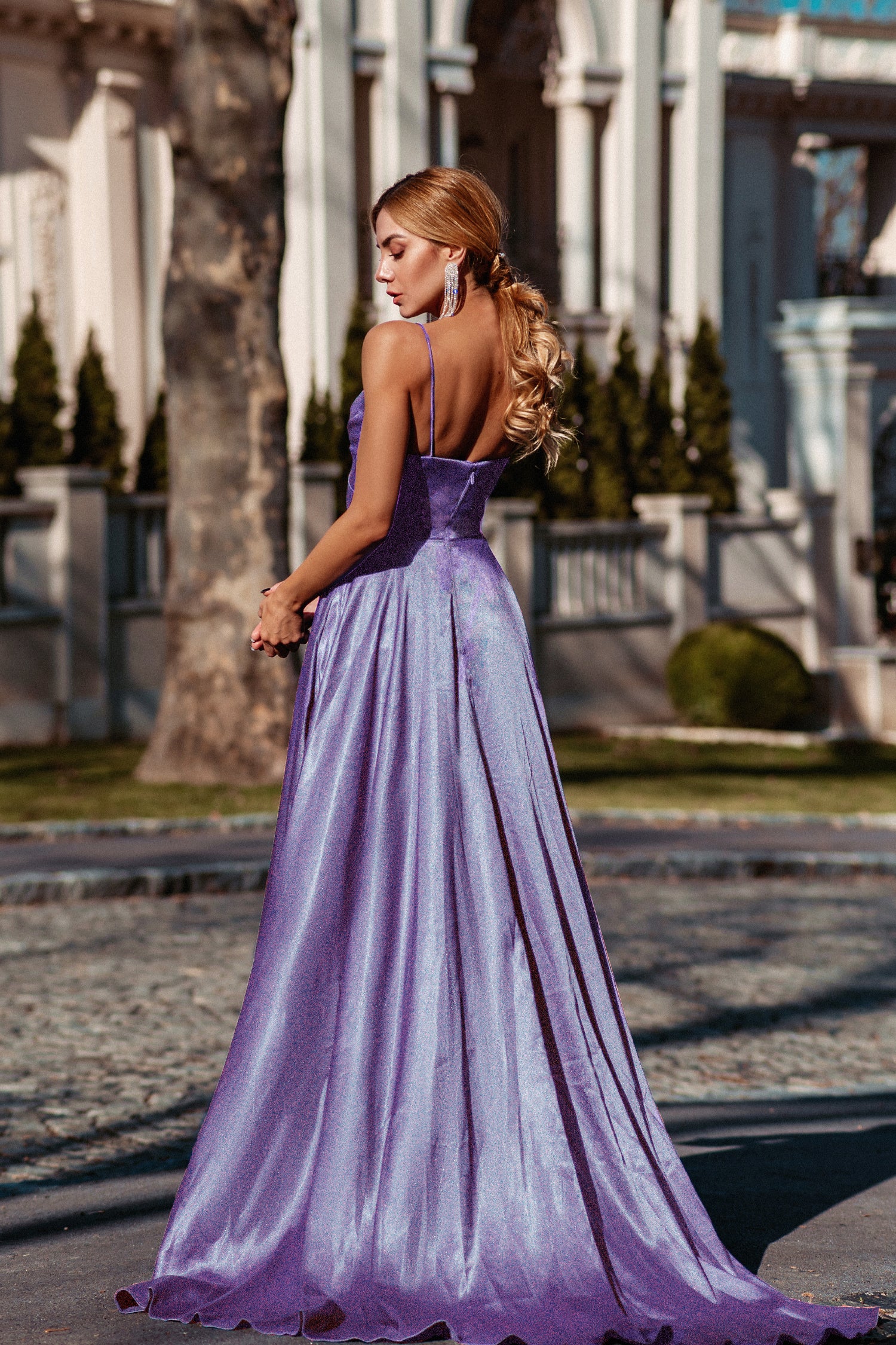TINA HOLLY COUTURE TH122 Lilac Purple silky formal gown with thin straps and leg split, perfect for school formal, Brisbane to Gold Coast.
