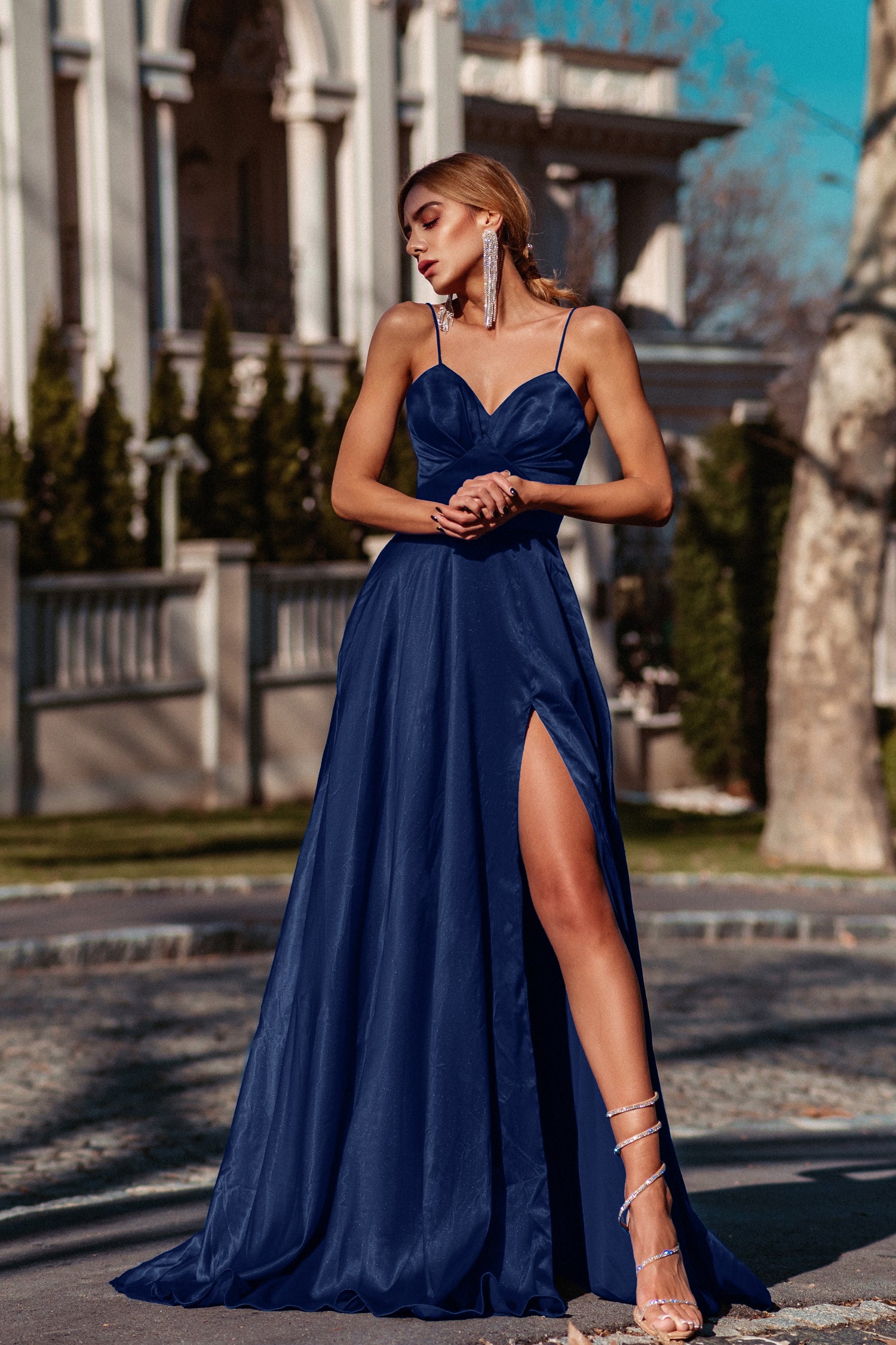 TINA HOLLY COUTURE TH122 Navy blue silky formal gown with gathered bust and leg slit, perfect for school formal. Brisbane to Gold Coast.