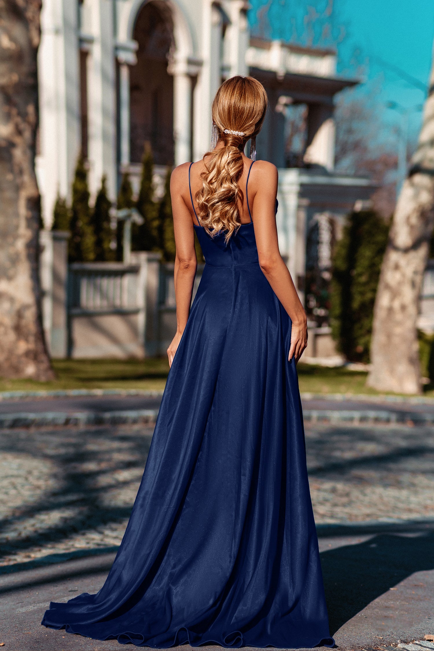 TINA HOLLY COUTURE TH122 Navy silky formal gown with thin straps and leg split, perfect school formal or bridesmaid dress, Brisbane to Gold Coast