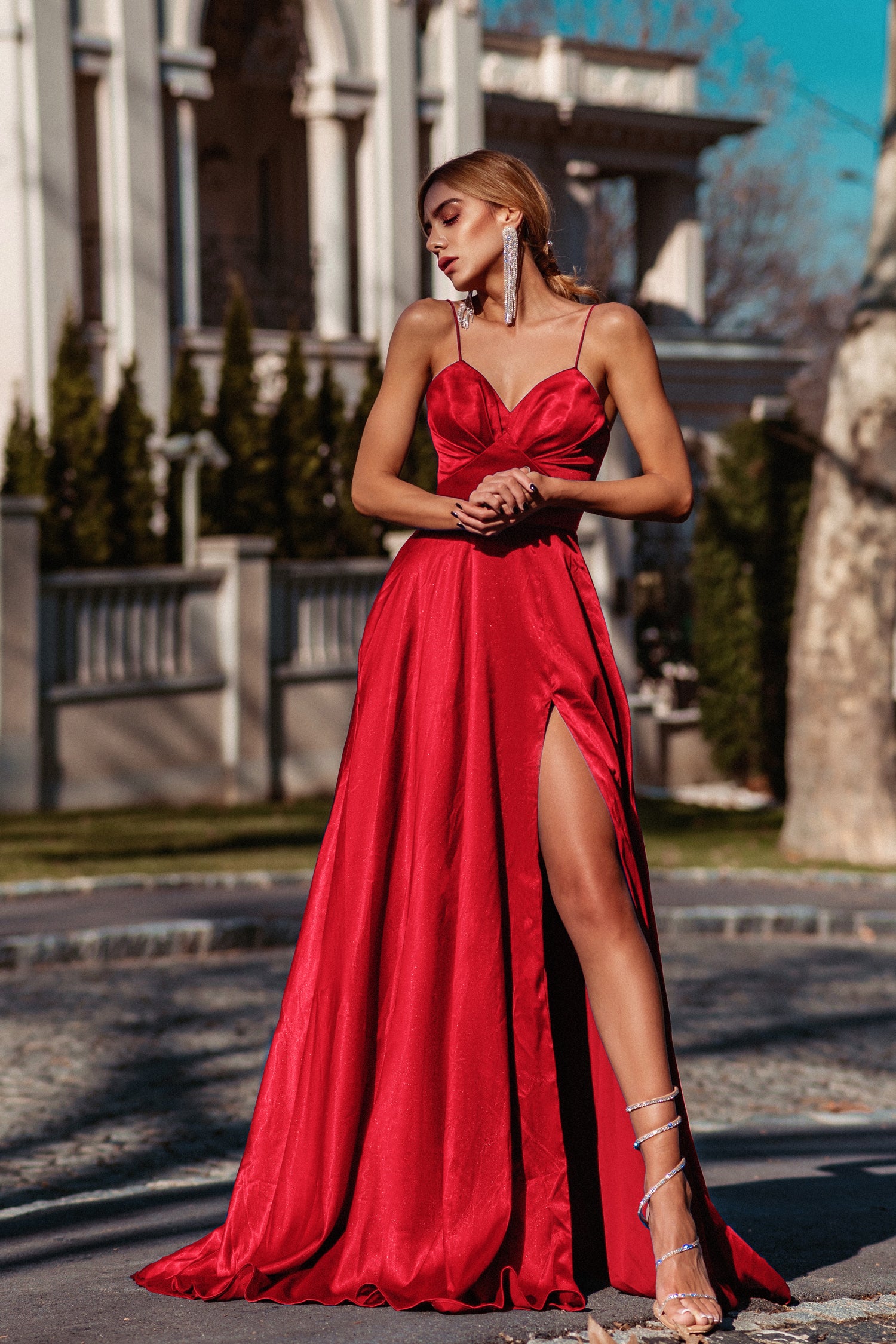 TINA HOLLY COUTURE TH122 Red silky formal gown with leg split and thin straps, perfect for school formal or bridesmaid. Brisbane to Gold Coast.