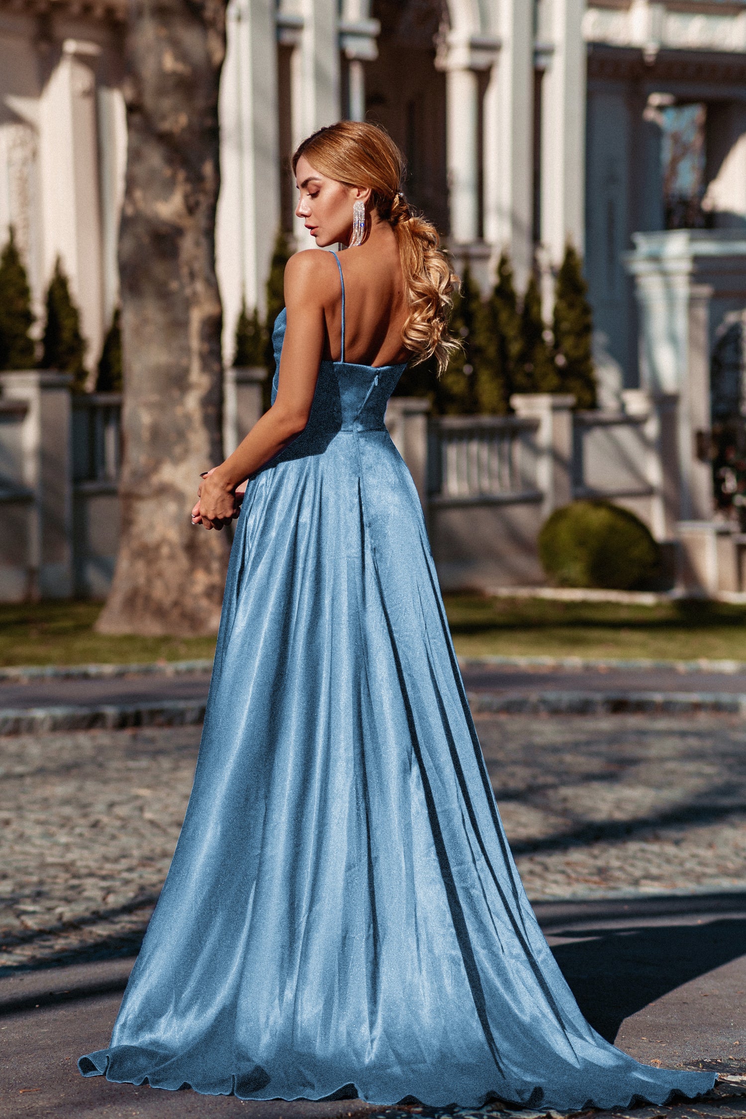 TINA HOLLY COUTURE TH122 Sky Blue silky formal gown with thin straps and leg split, perfect for school formals. Brisbane to Gold Coast