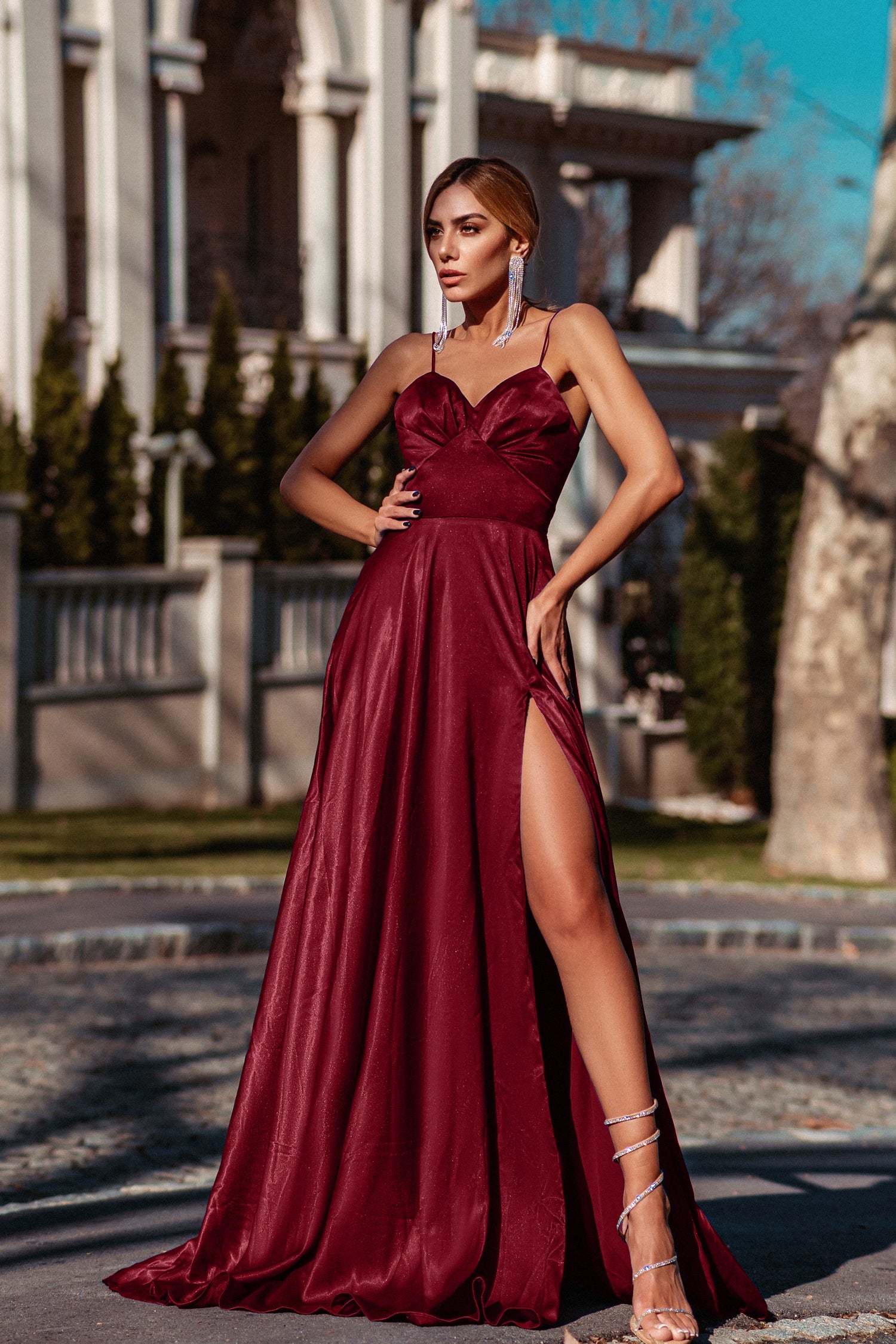Tina Holly Couture Designer TH122 Wine Red Silky Formal Gown