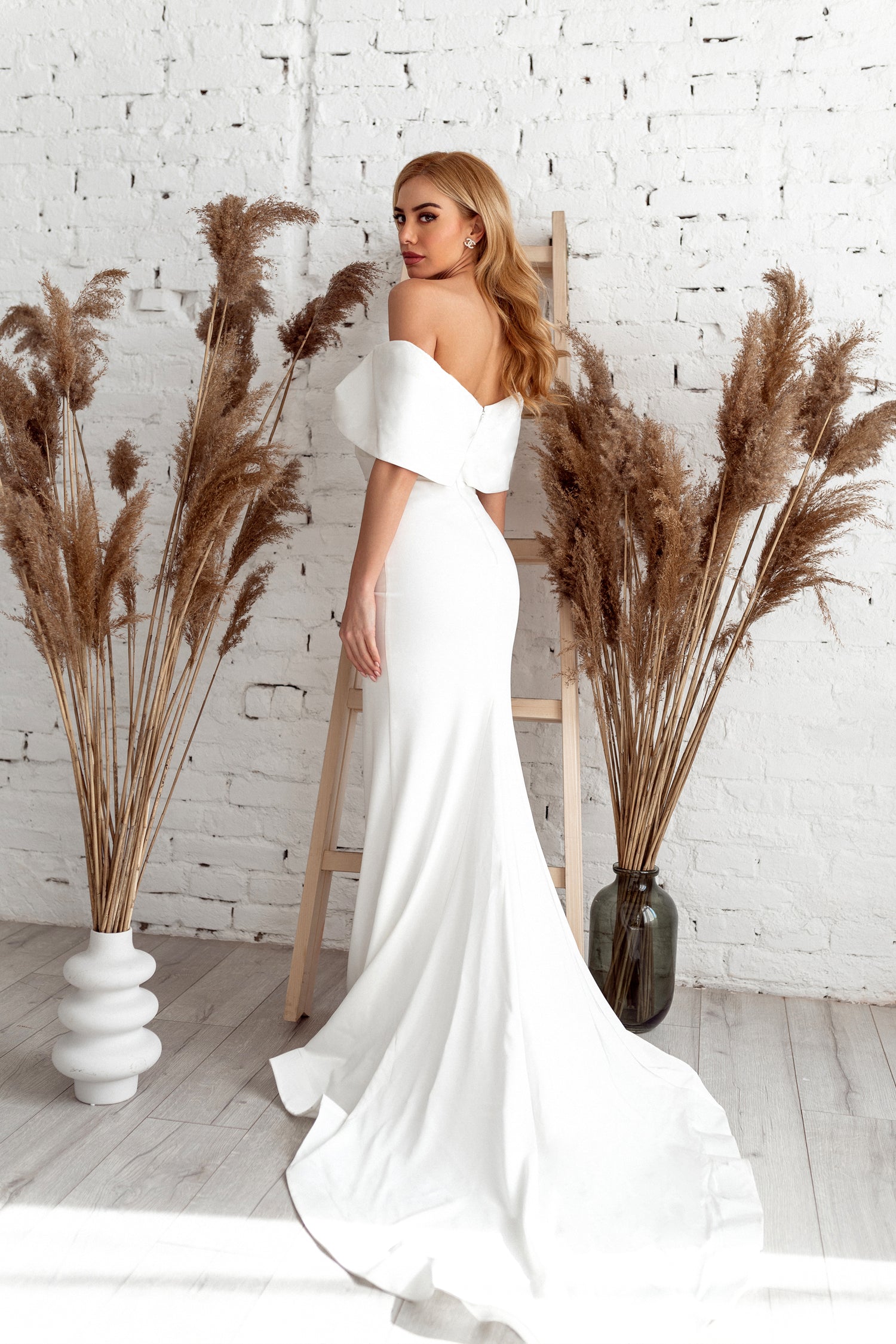 TINA HOLLY COUTURE TK007W off-white satin off-the-shoulder mermaid wedding dress with crossover sweetheart neckline, Brisbane to Gold Coast