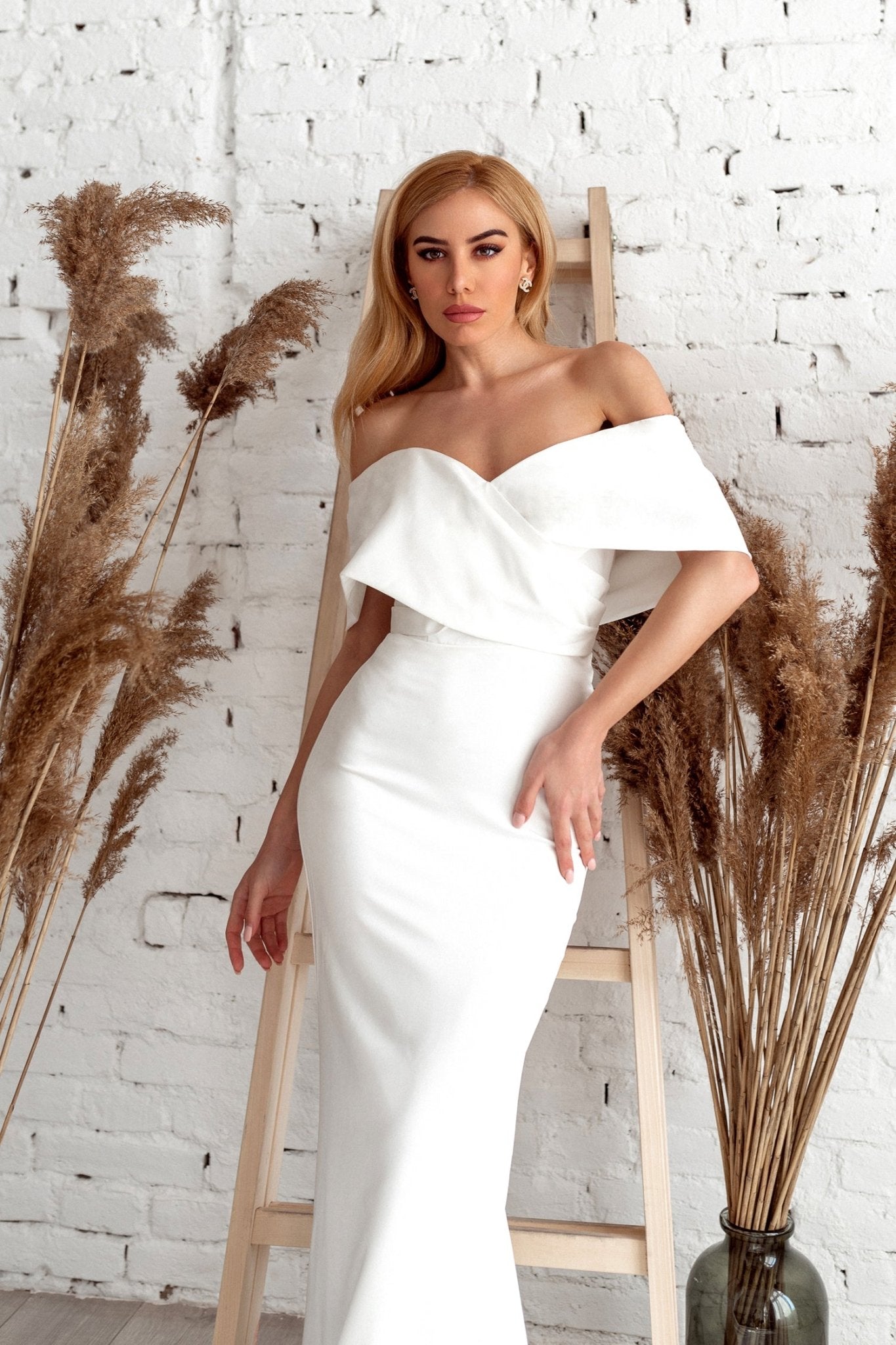 Tina Holly Couture TK007W Off White Satin Off - the - Shoulder Mermaid Fitted Wedding Dress in Australia | One Honey Boutique