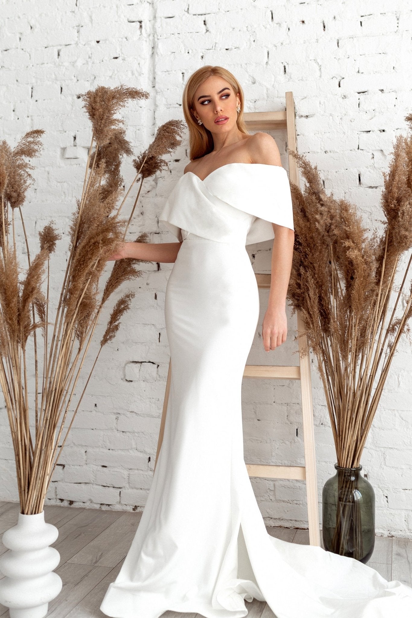 Tina Holly Couture TK007W Off White Satin Off-the-Shoulder Mermaid Fitted Wedding Dress Off White / 22 AUS Tina Holly Couture TK007W Off White Satin Off-the-Shoulder Mermaid Fitted Wedding Dress Off White / 22 AUS