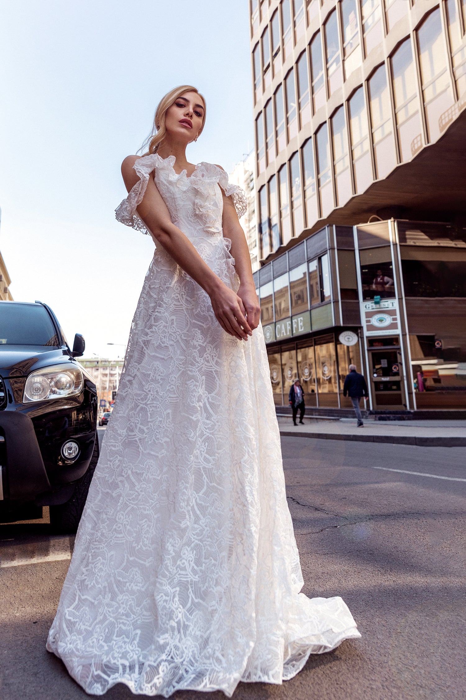 Tina Holly Couture TK011W White & White Off-Shoulders Neckline With A Lace A-line Silhouette Wedding Dress