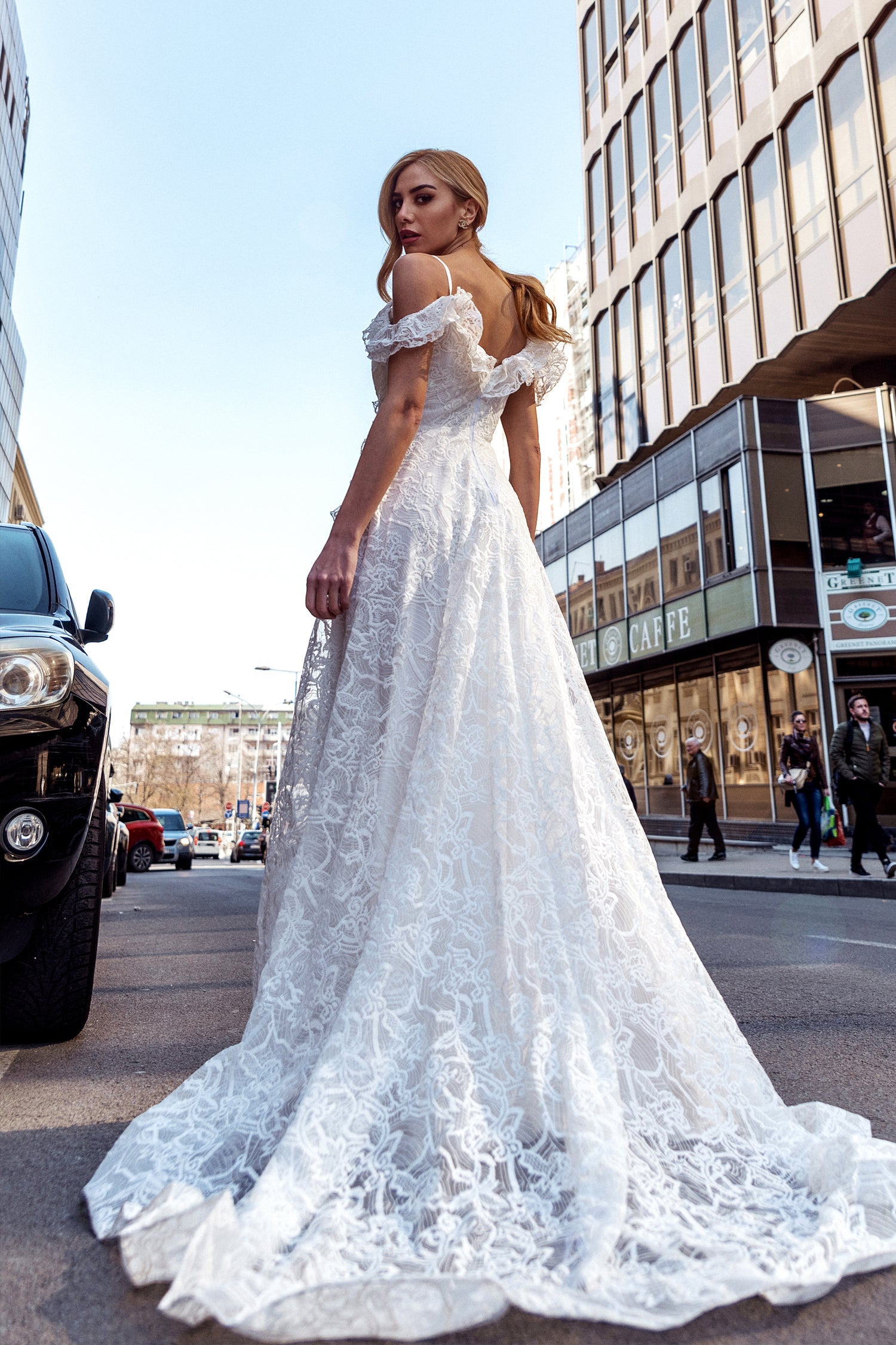 TINA HOLLY COUTURE TK011W lace A-line wedding dress with off-shoulder design, white, Brisbane to Gold Coast