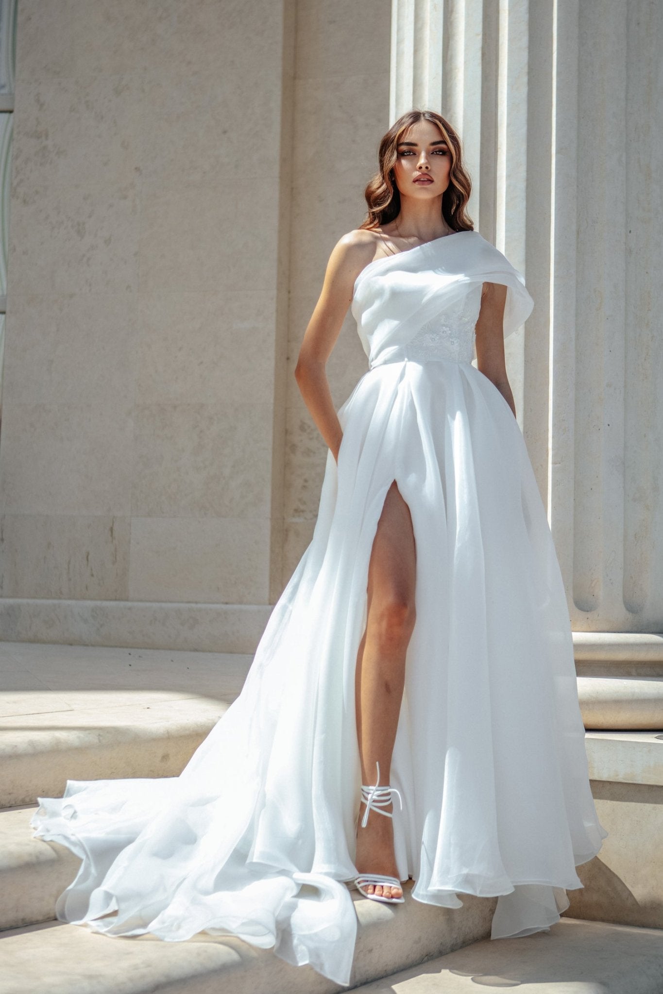 Tina Holly Couture TK012W Off White Off - the - Shoulder Asymmetrical With An A - line Skirt With Leg Spilt Dress in Australia | One Honey Boutique