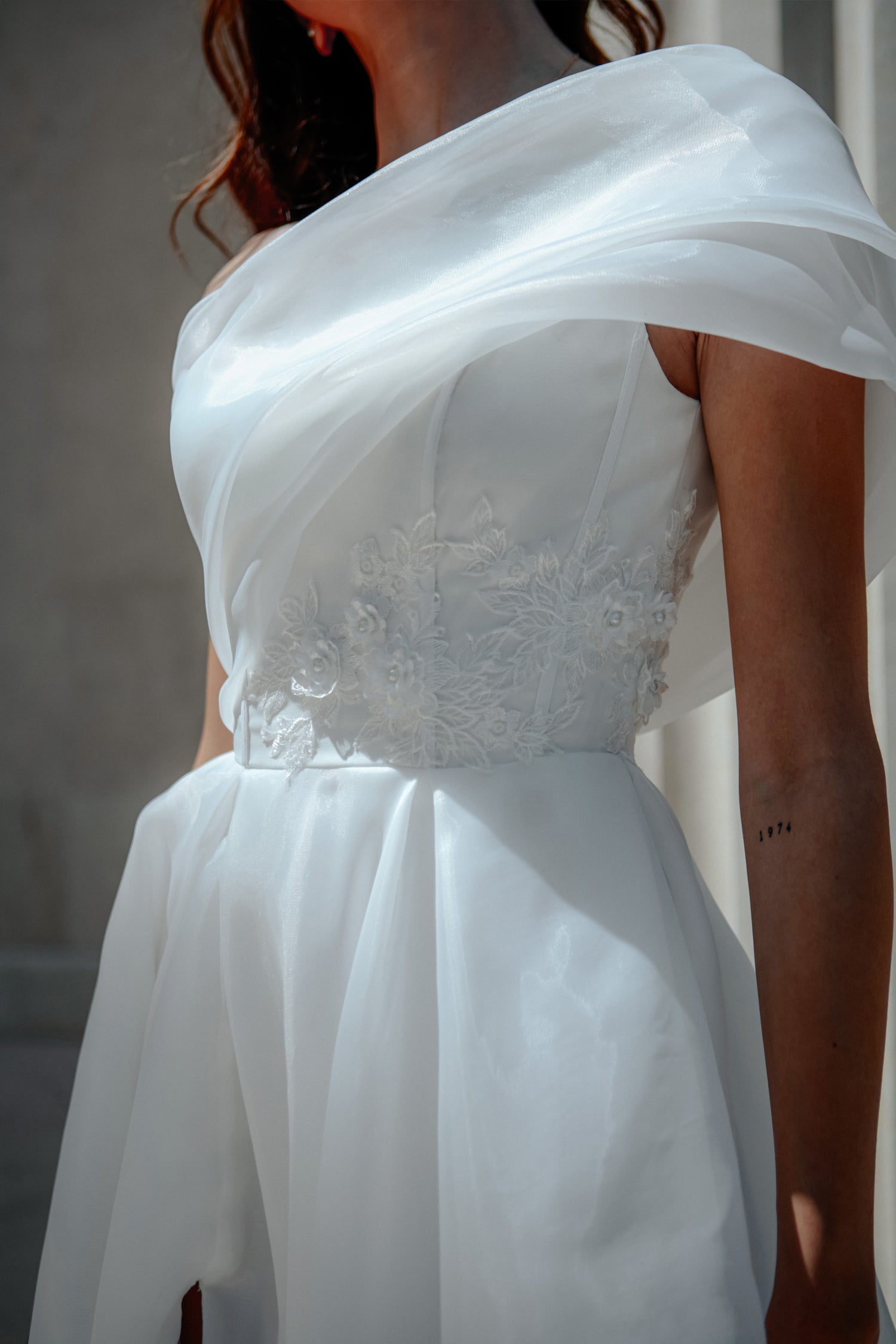 TINA HOLLY COUTURE TK012W Off-White Asymmetrical Off-Shoulder Dress with Floral Lace A-line Skirt Brisbane to Gold Coast