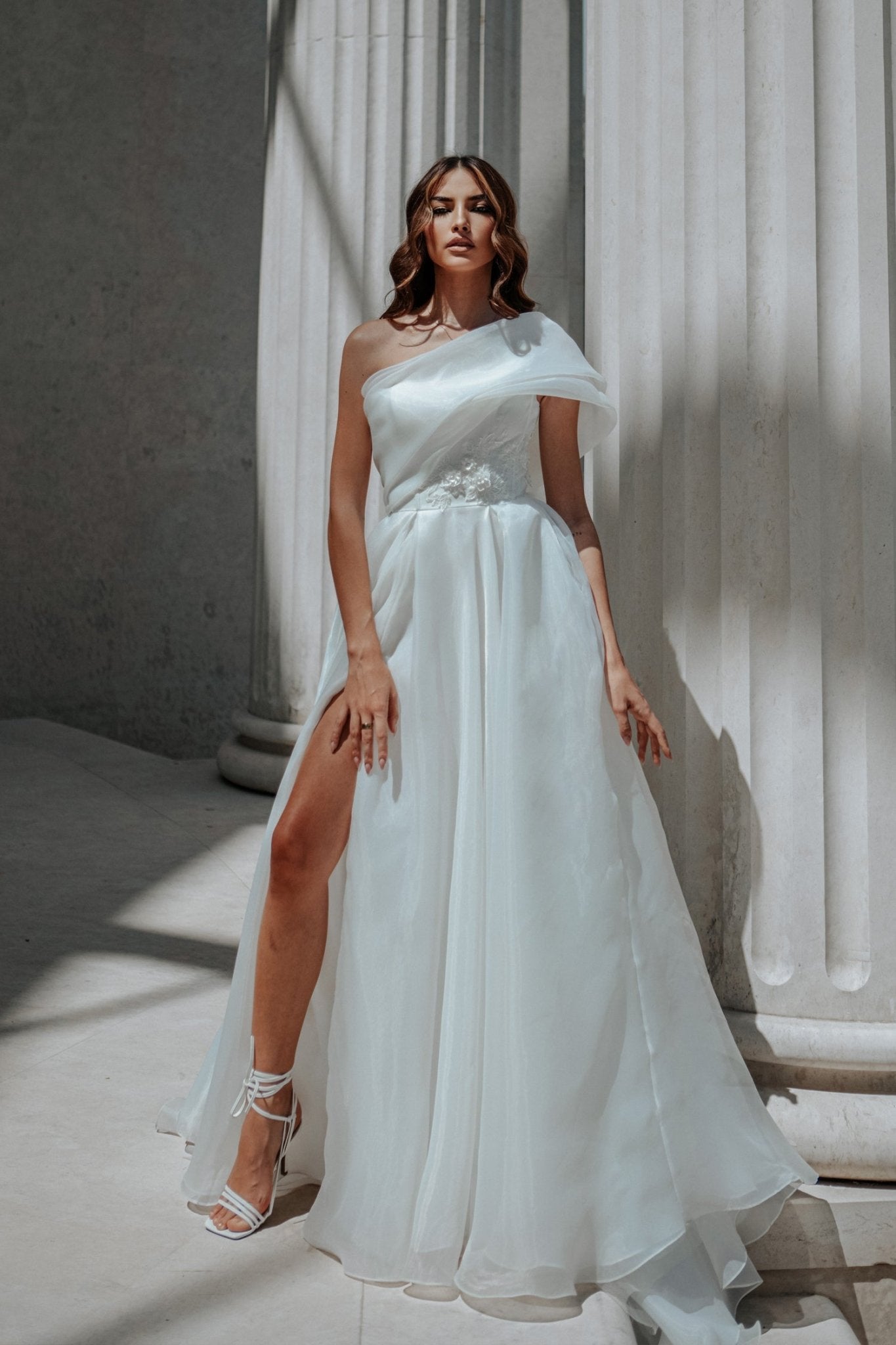 Tina Holly Couture TK012W Off White Off - the - Shoulder Asymmetrical With An A - line Skirt With Leg Spilt Dress in Australia | One Honey Boutique