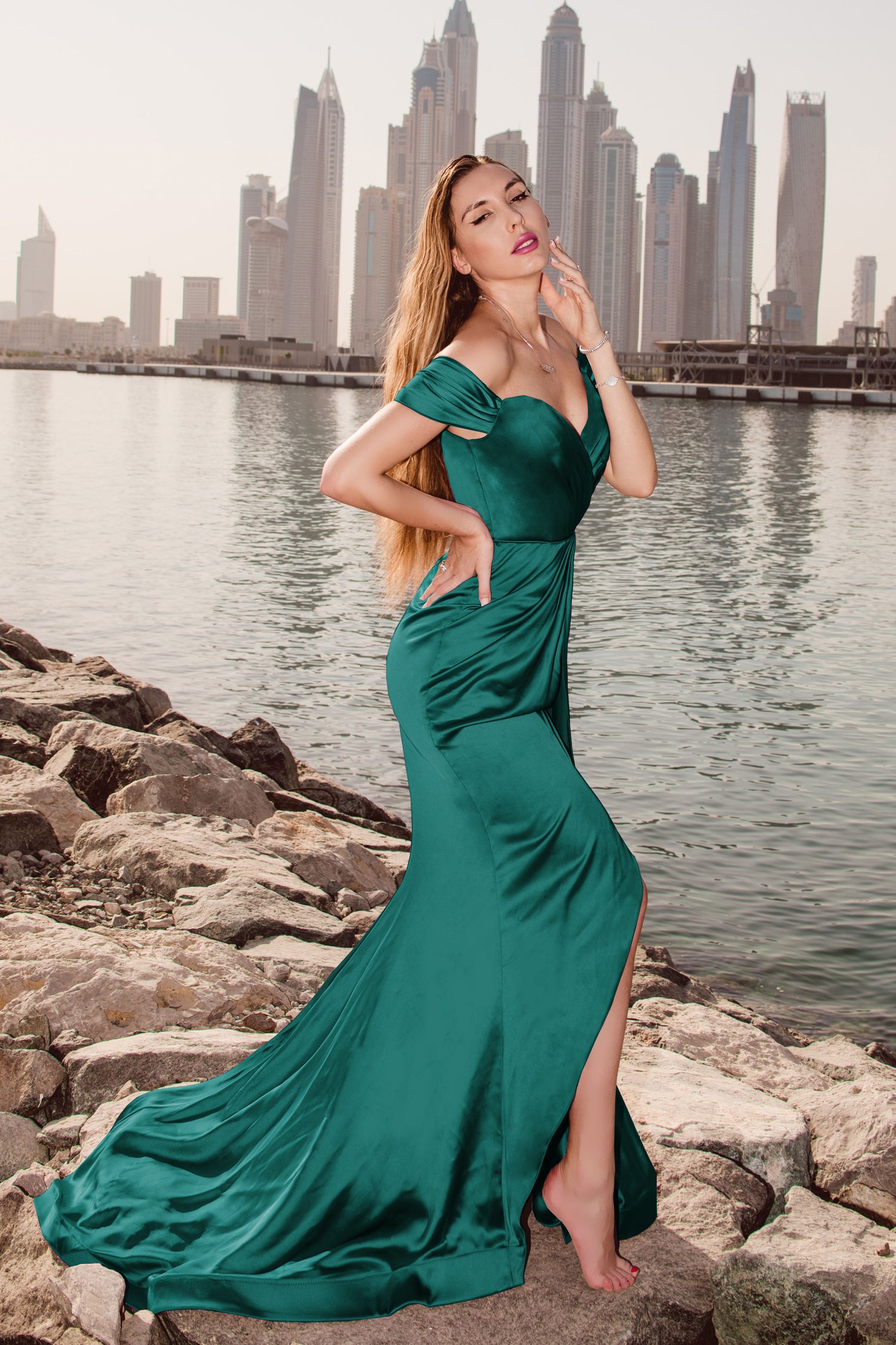 Tina Holly Couture TK016 Emerald Off The Shoulder Sweetheart Neckline Satin Mermaid Fitted Wedding Dress