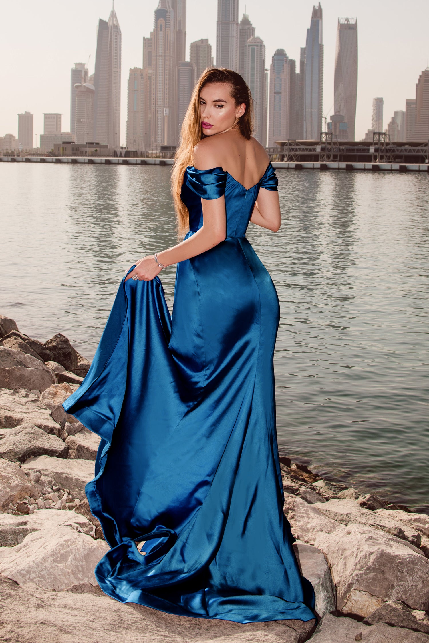 Tina Holly Couture TK016 Indigo Off The Shoulder Sweetheart Neckline Satin Mermaid Fitted Wedding Dress
