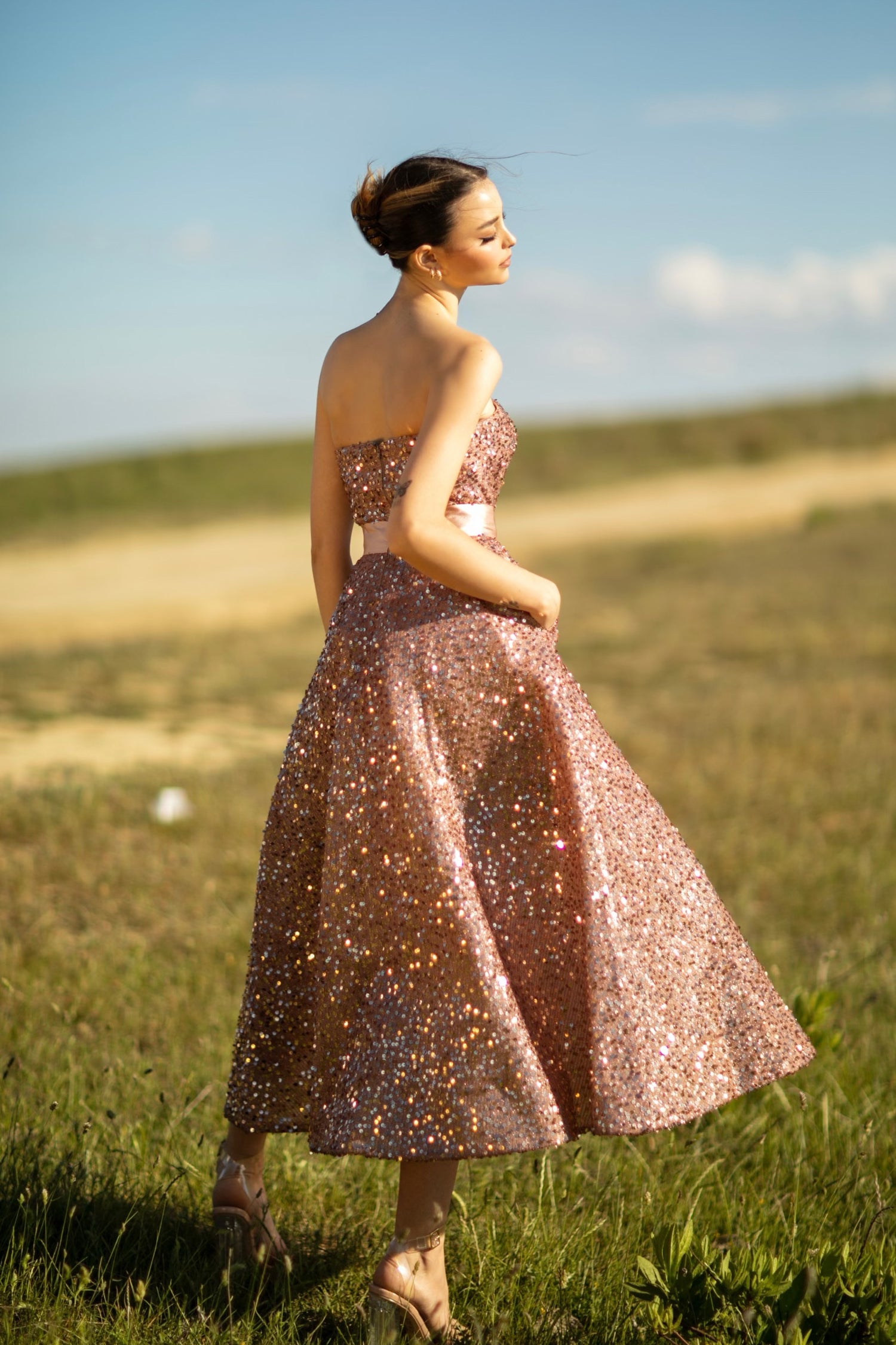 Tina Holly TK047 Rose Gold Sequin With A Strapless Neckline A-line Midi Tea-Length Dress