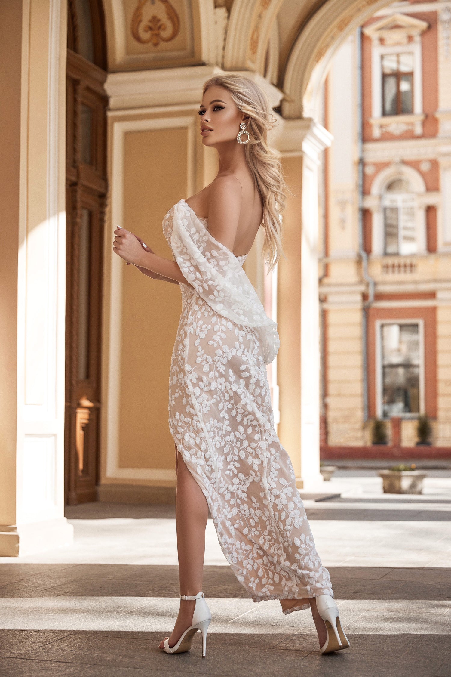 Tina Holly Couture TK048 White & Nude Sequin Midi Wedding Dress