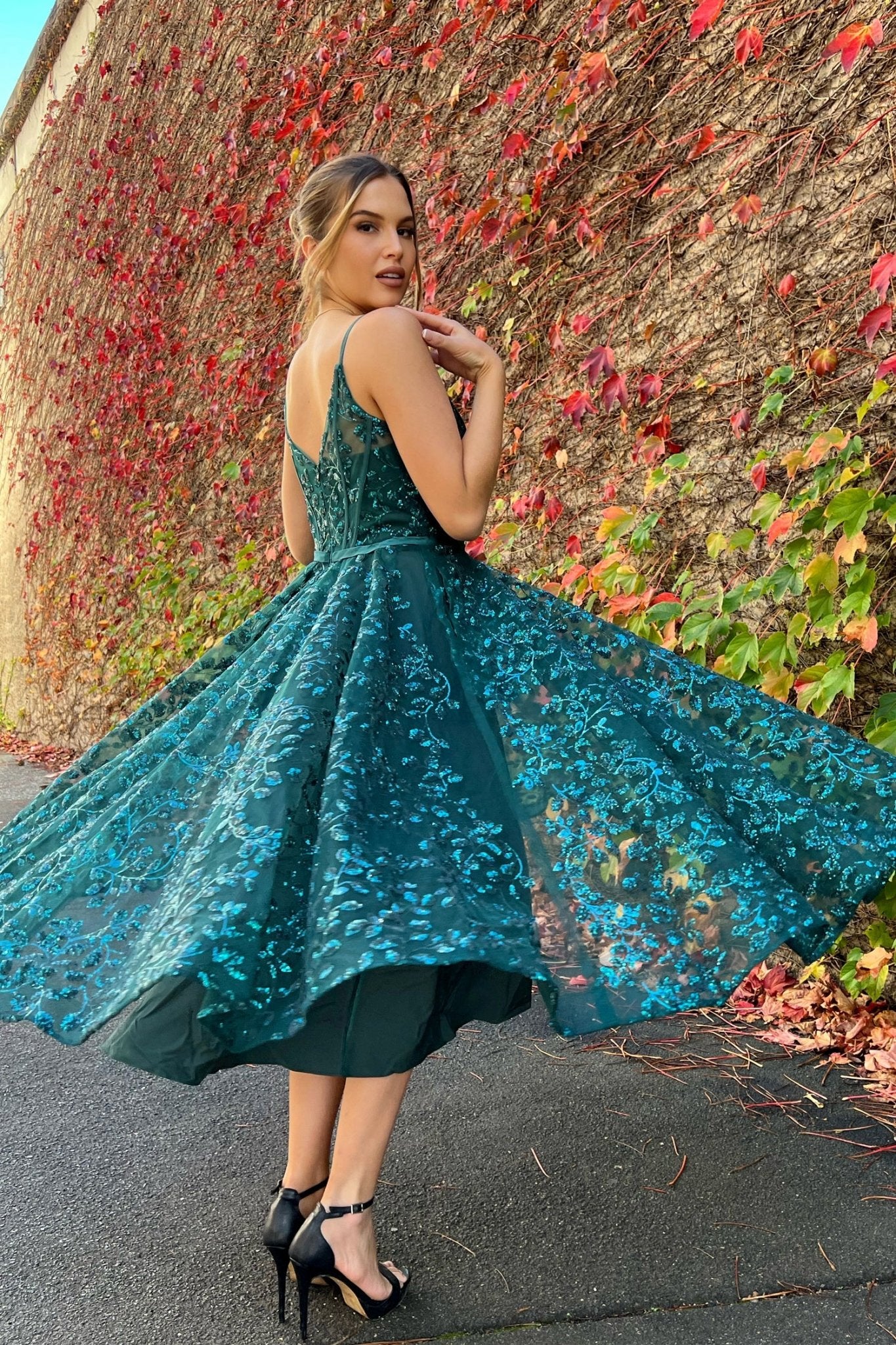 Tina Holly Couture TK068 Emerald Green 3D Sequin Short A - line Plunging Neckline Formal Dress in Australia | One Honey Boutique