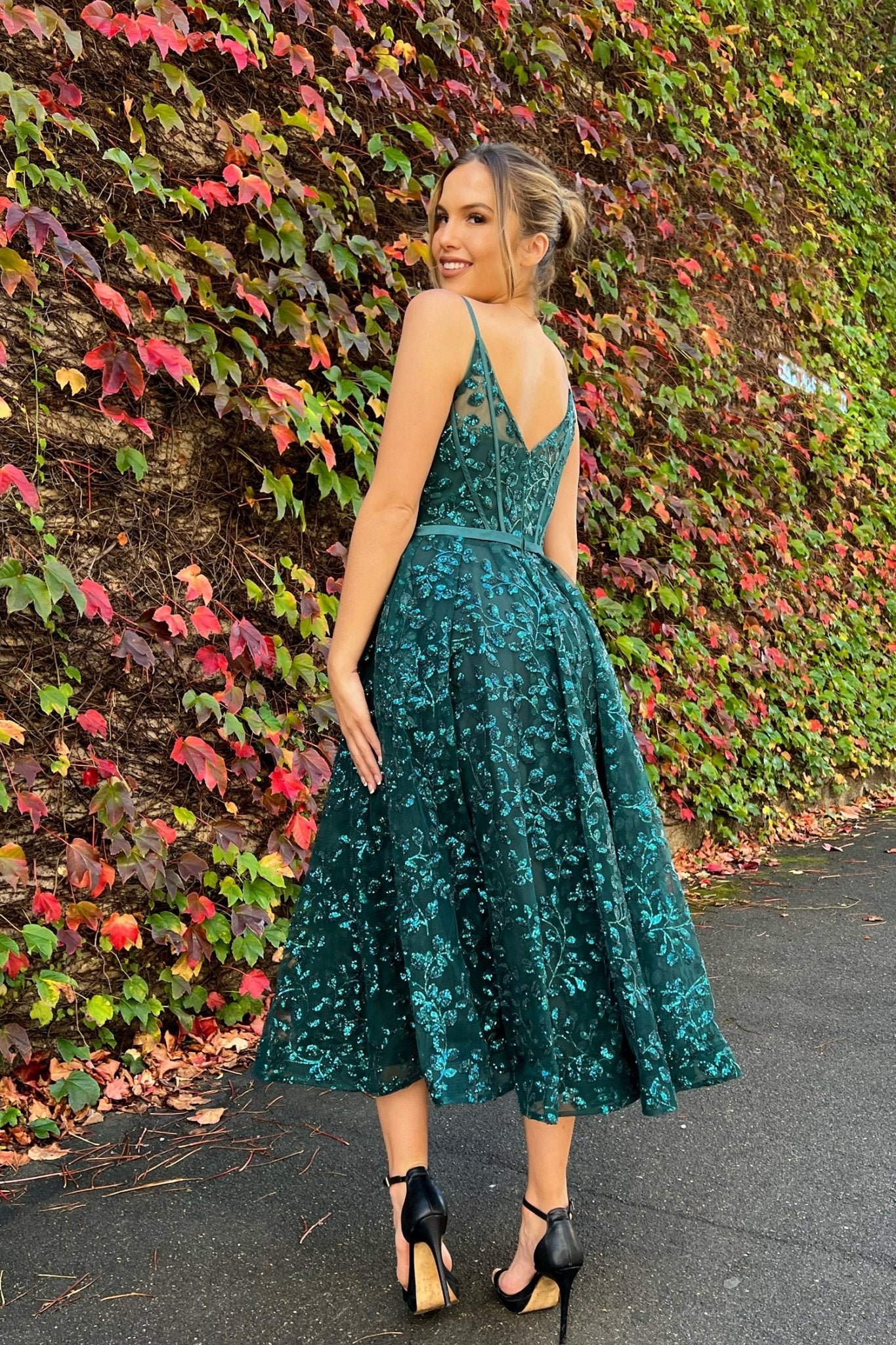 Tina Holly Couture TK068 Emerald Green 3D Sequin Short A - line Plunging Neckline Formal Dress in Australia | One Honey Boutique