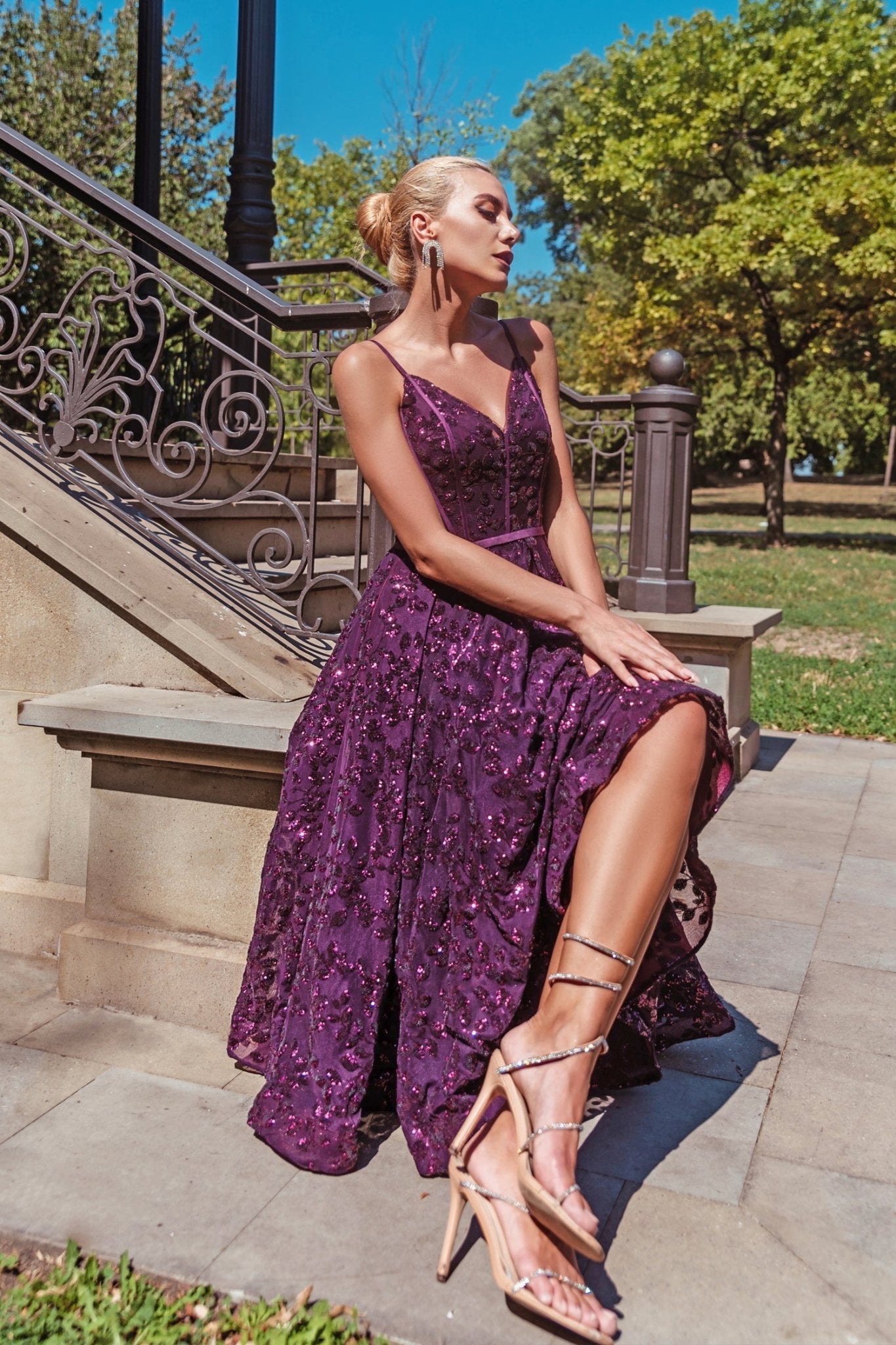 Tina Holly Couture TK068 Plum 3D Sequin Short A - line Plunging Neckline Formal Dress in Australia | One Honey Boutique