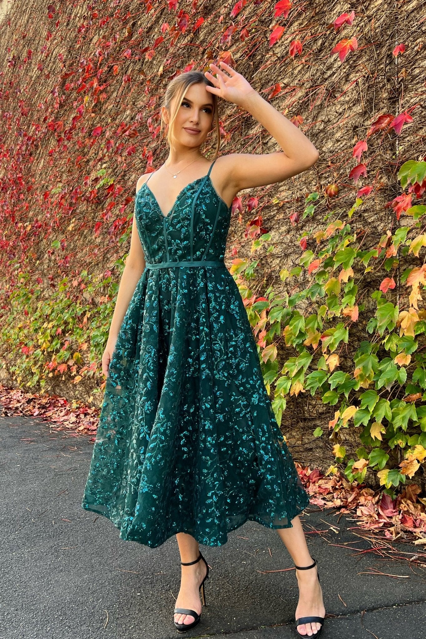 Tina Holly Couture TK068 Emerald Green 3D Sequin Short A - line Plunging Neckline Formal Dress in Australia | One Honey Boutique
