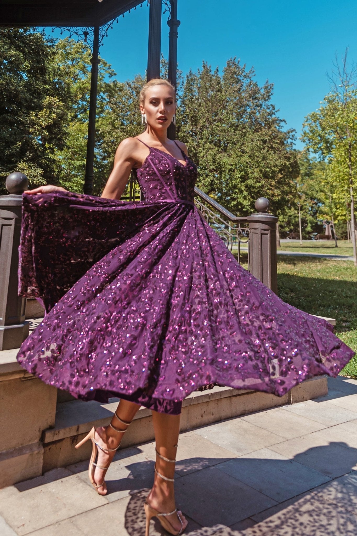 Tina Holly Couture TK068 Plum 3D Sequin Short A - line Plunging Neckline Formal Dress in Australia | One Honey Boutique