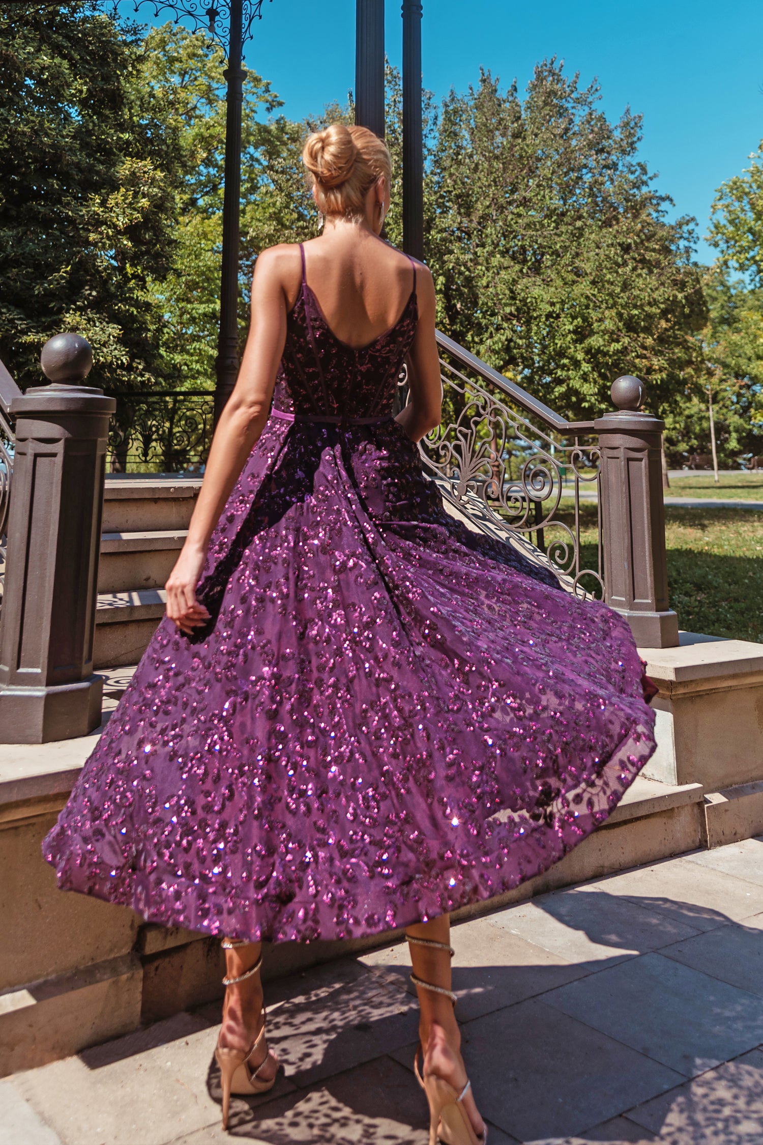 TINA HOLLY COUTURE TK068 Plum 3D sequin short A-line dress with plunging neckline, school formal dress, Brisbane to Gold Coast, Australia.