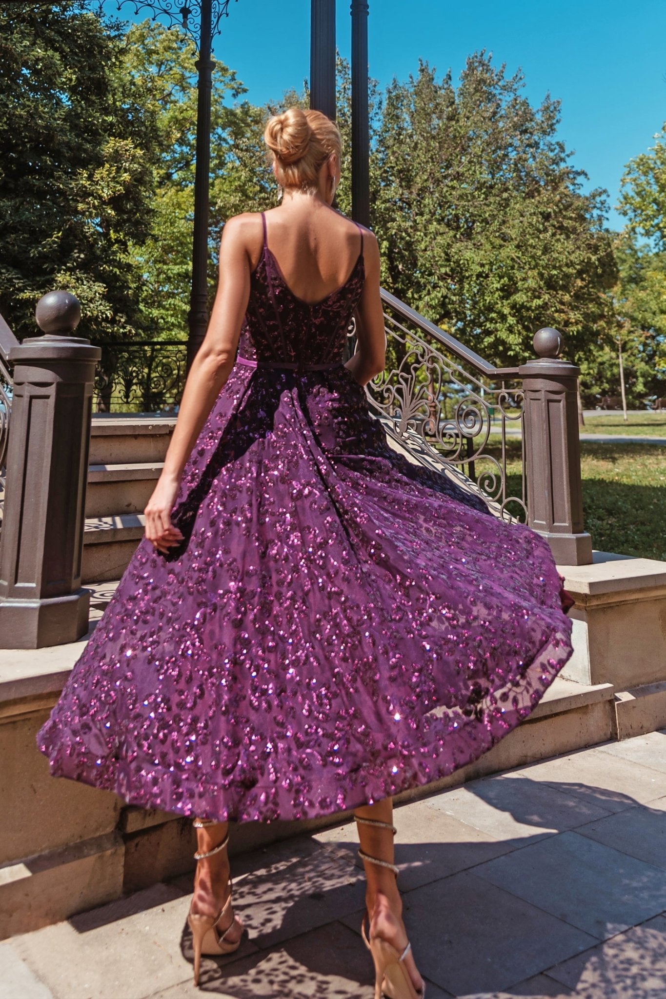 Tina Holly Couture TK068 Plum 3D Sequin Short A - line Plunging Neckline Formal Dress in Australia | One Honey Boutique