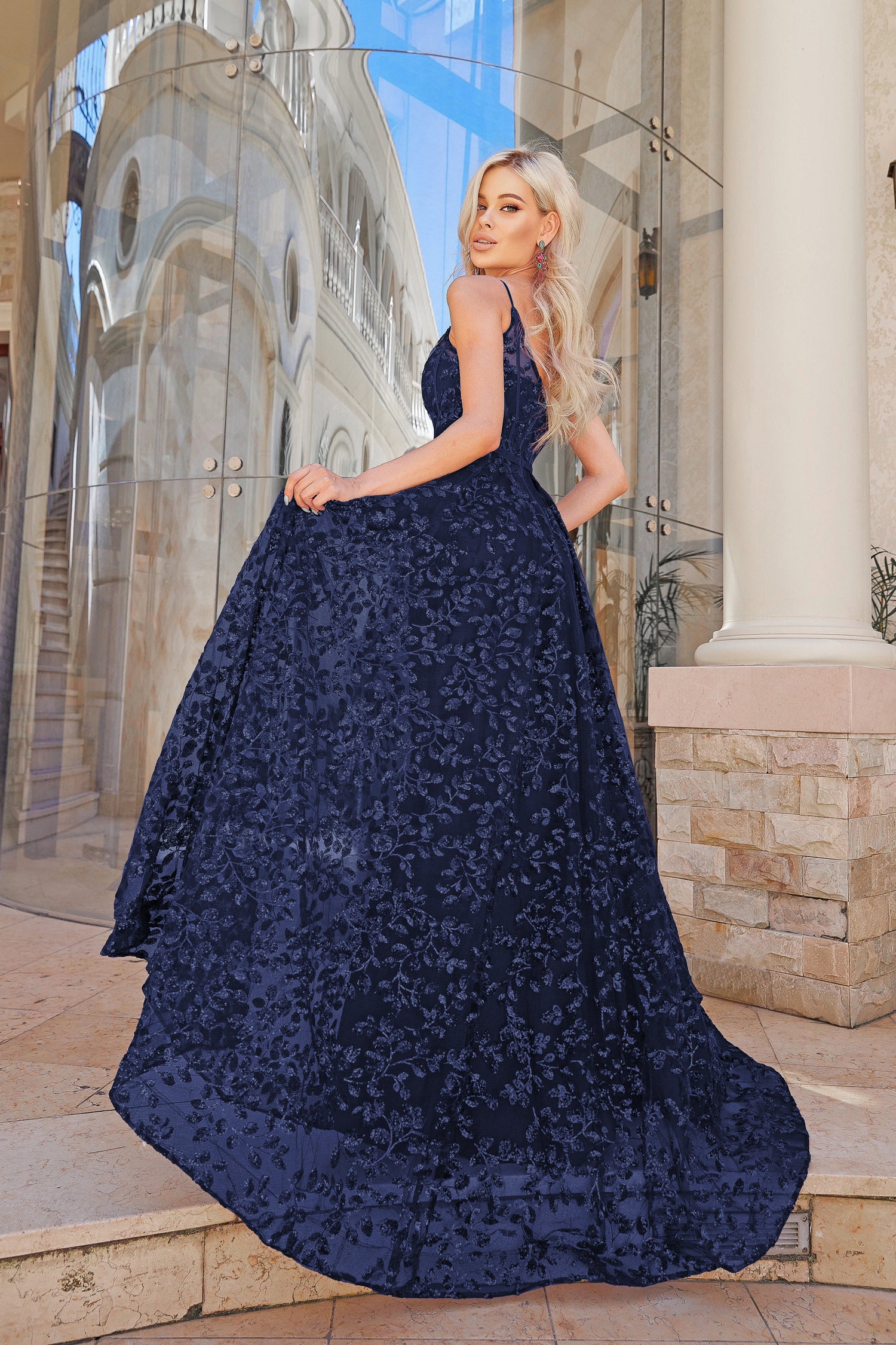TINA HOLLY COUTURE TK069 Navy 3D sequin A-line formal dress with plunging neckline, perfect for school formals and bridesmaids, Brisbane to Gold Coast.