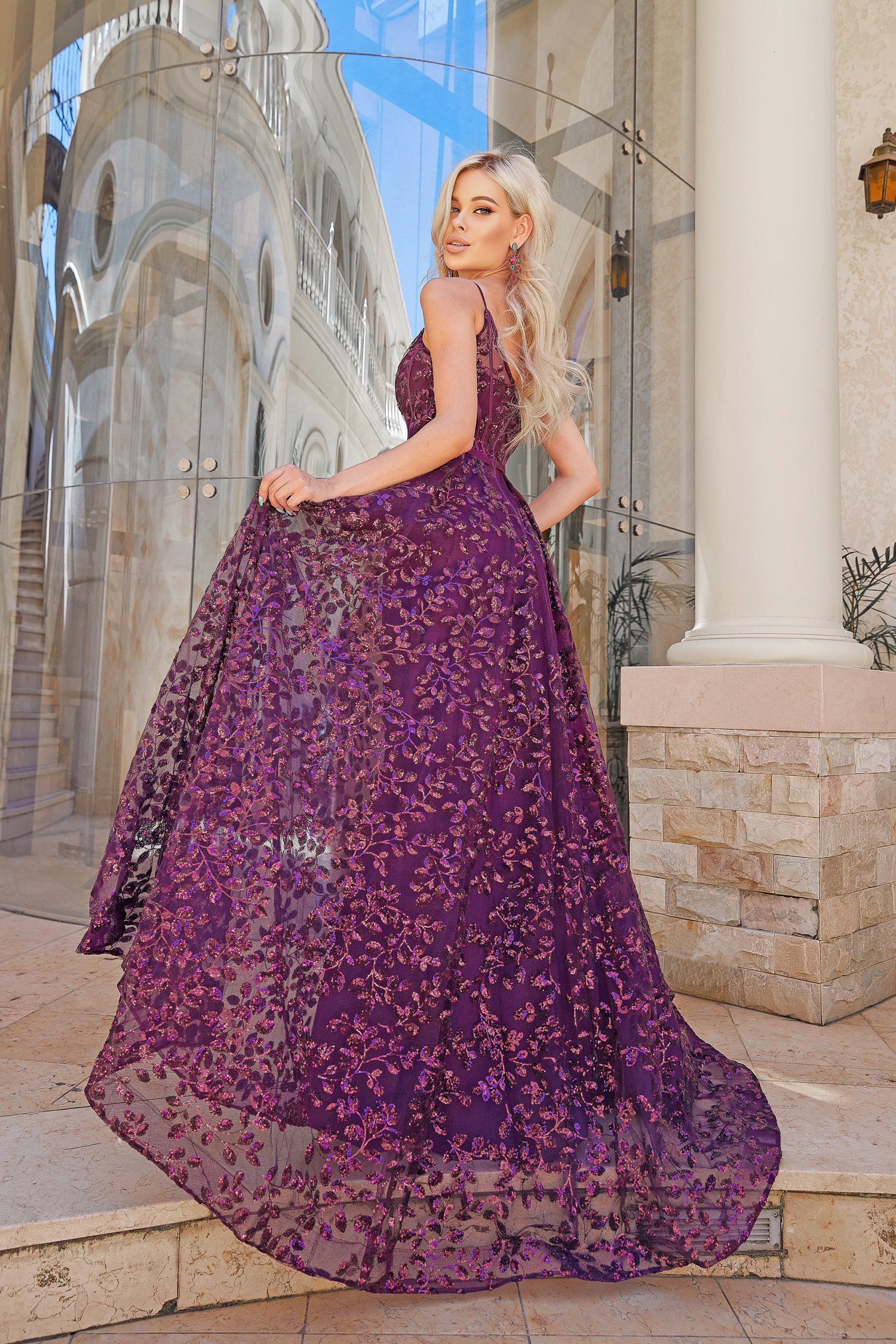 Tina Holly Couture TK069 Plum 3D Sequin A-line Plunging Neckline Formal Dress