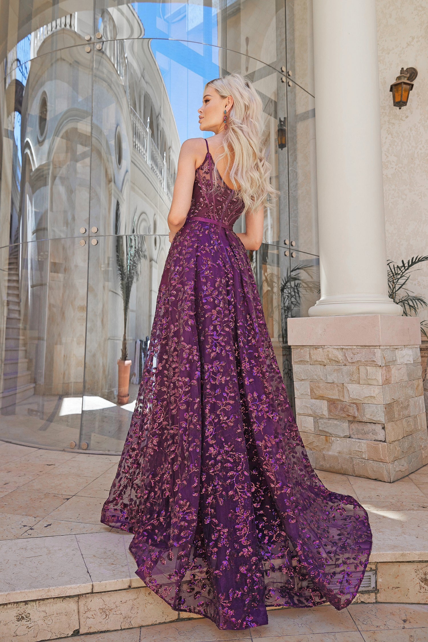 Tina Holly Couture TK069 Plum 3D Sequin A-line Plunging Neckline Formal Dress