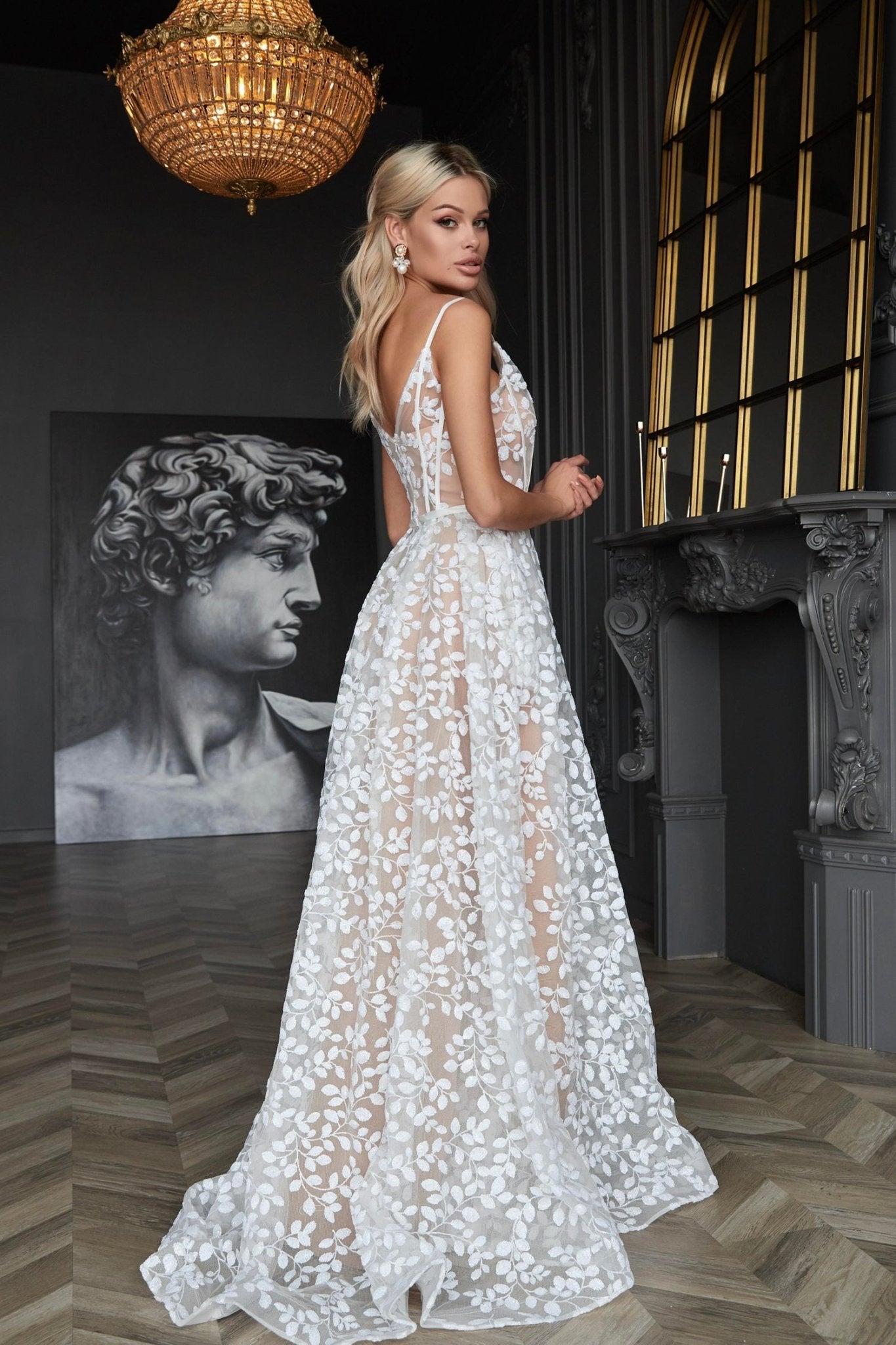 Tina Holly Couture TK069 White & Nude 3D Sequin A - line Plunging Neckline Bridal Dress in Australia | One Honey Boutique