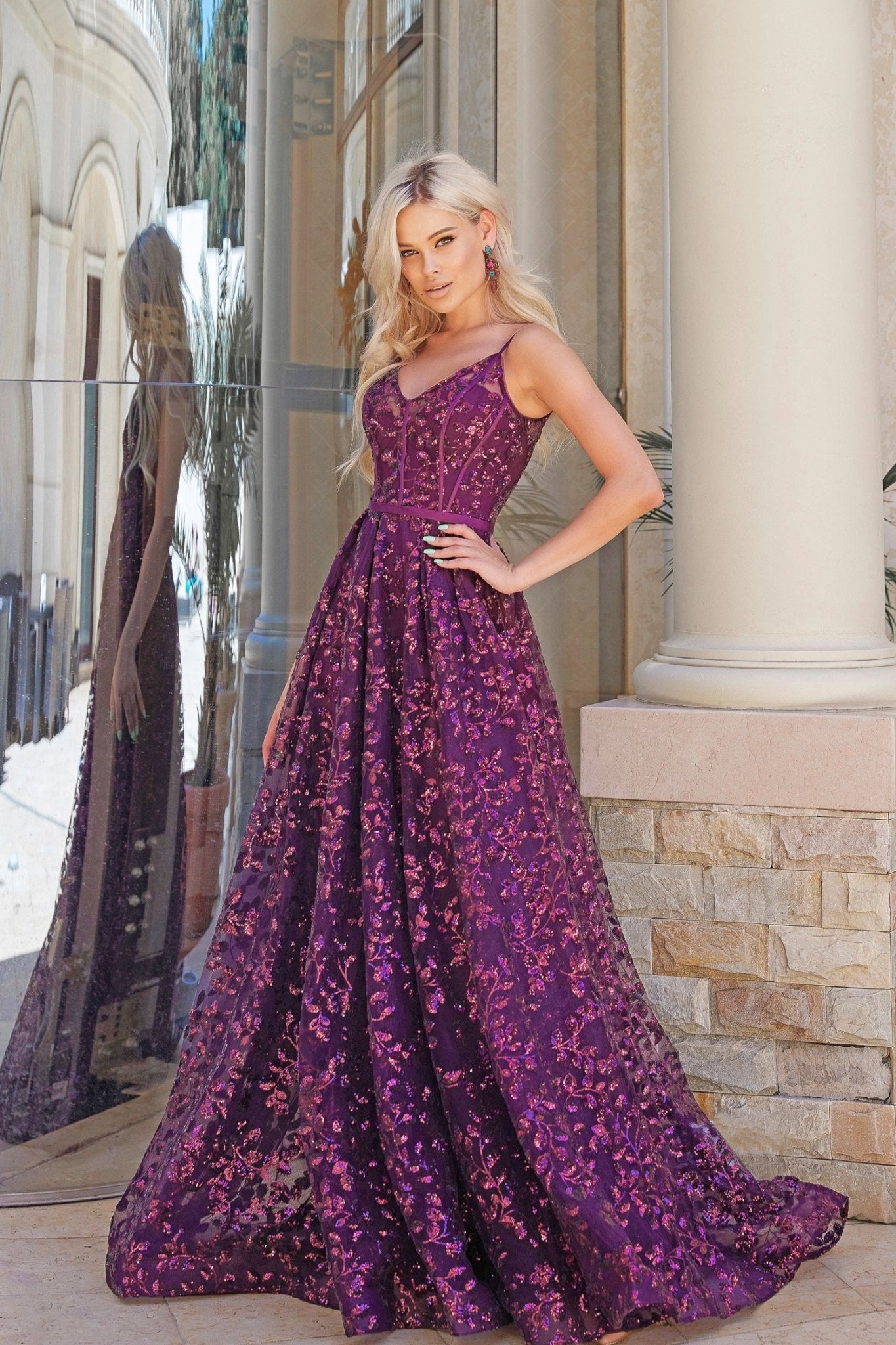 open lace back dress Tina Holly Couture TK069 Plum 3D Sequin A-line Plunging Neckline Forma
