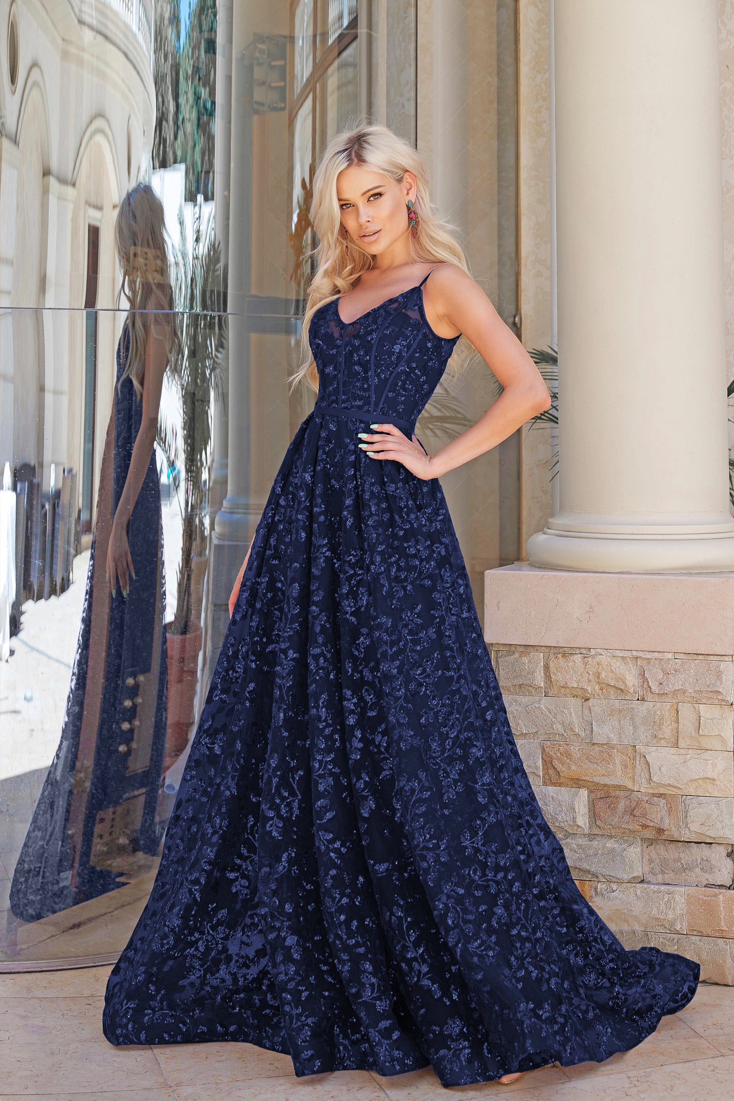 TINA HOLLY COUTURE TK069 Navy 3D Sequin A-line Dress, plunging neckline, perfect for school formal, Brisbane to Gold Coast, Australia.