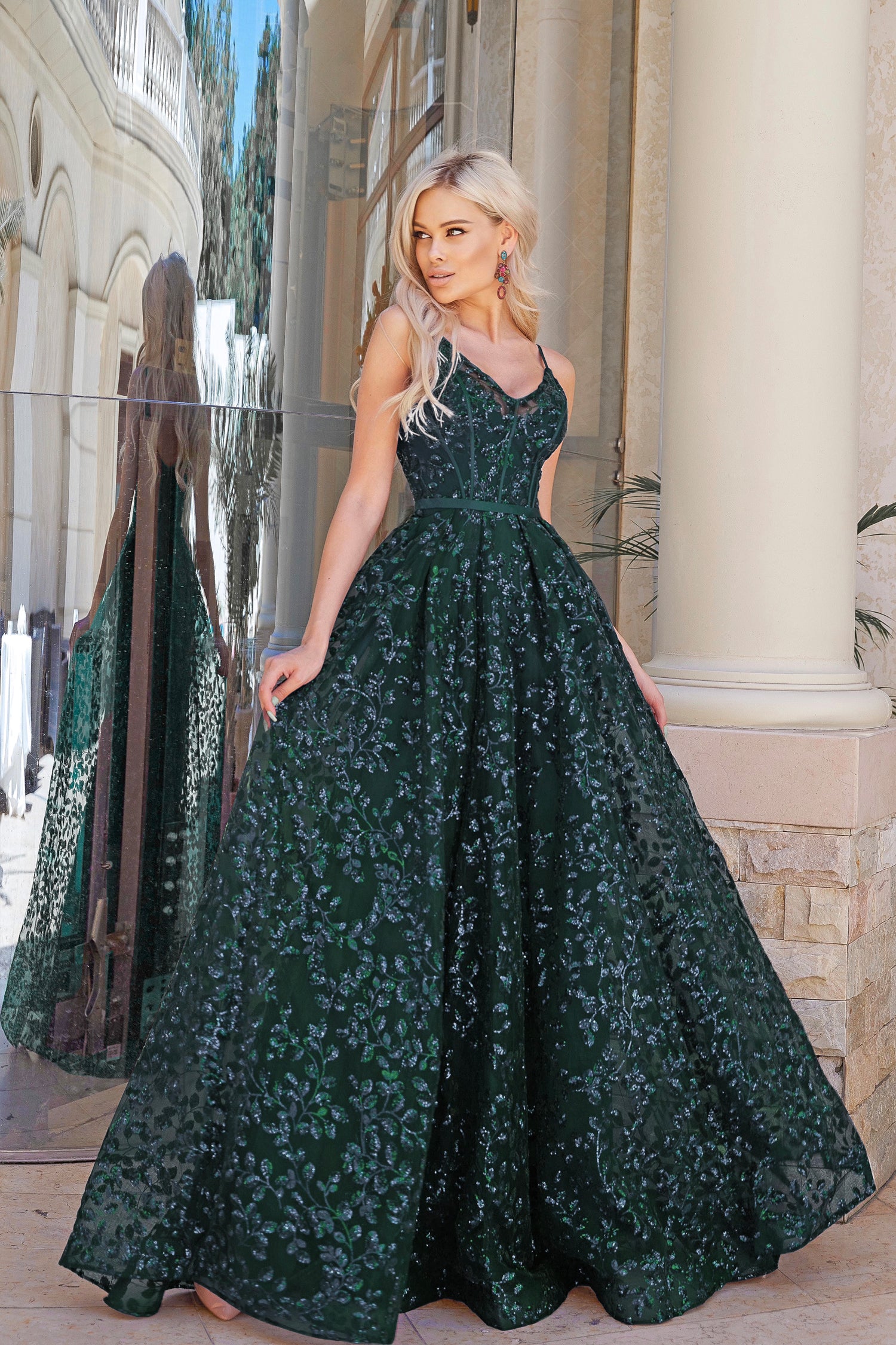 TINA HOLLY COUTURE TK069 Emerald Green 3D Sequin A-line Dress, Plunging Neckline, Perfect for Formal, Brisbane to Gold Coast