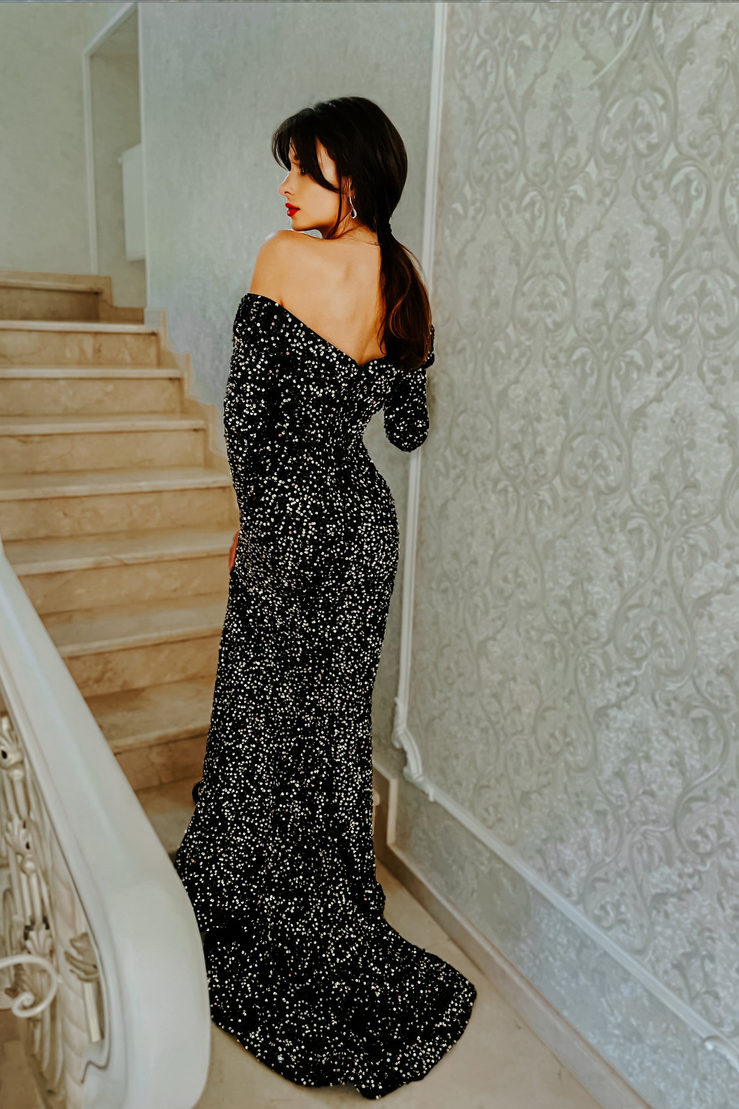 TINA HOLLY COUTURE TK099 Off Shoulder Black & Gold Sequin Formal Dress with Sweet-Heart Neckline, School Formal Dress, Brisbane to Gold Coast