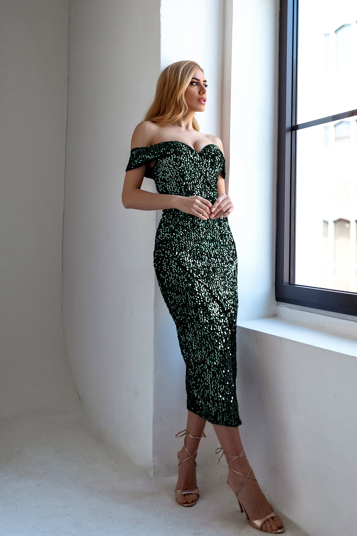 Tina Holly Couture TK271 Emerald Sequins Off Shoulder Midi Dress features With Sweetheart Neckline and Leg Spilt Formal Dress