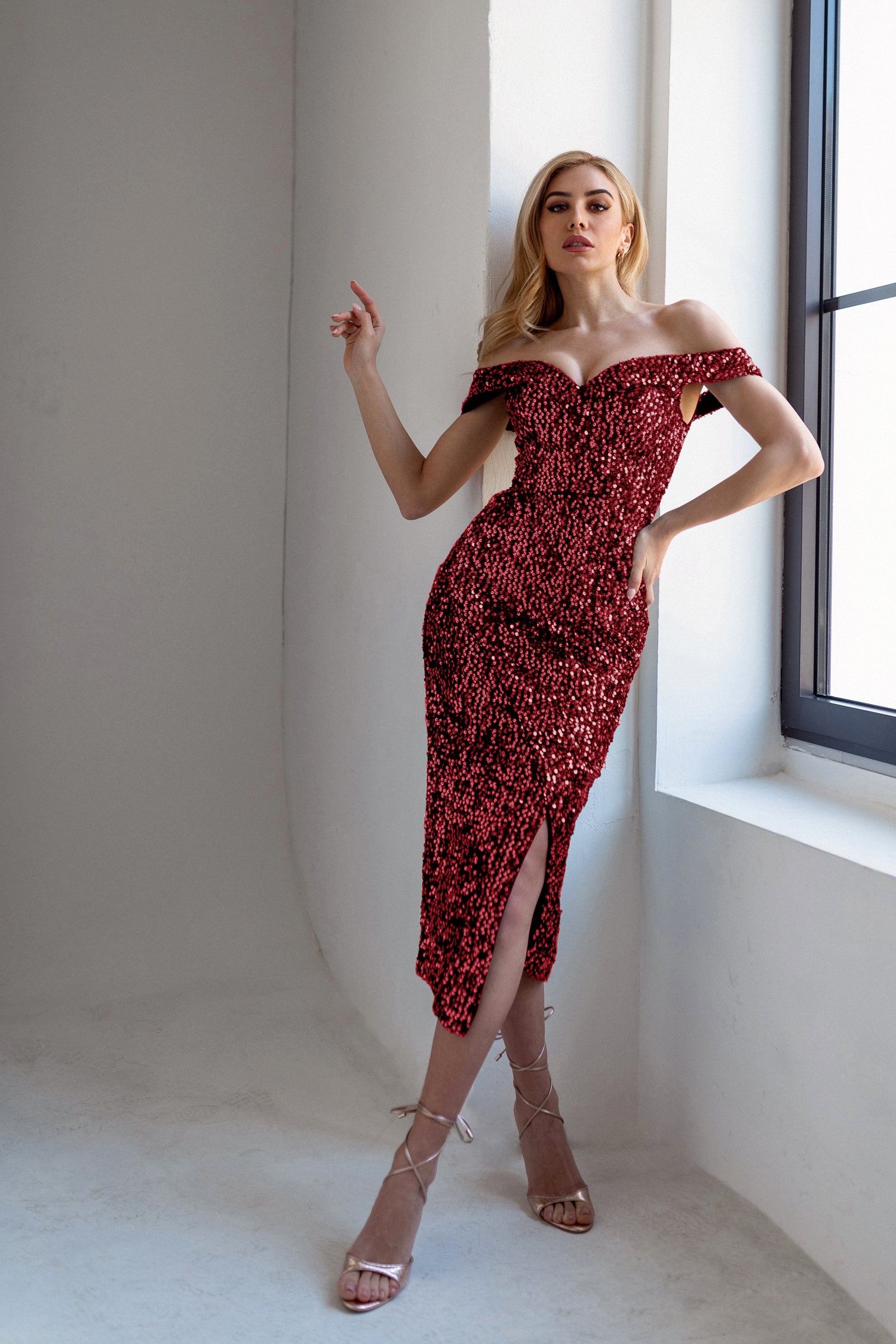 Tina Holly Couture TK271 Burgundy Sequins Off Shoulder Midi Dress features With Sweetheart Neckline and Leg Spilt Formal Dress