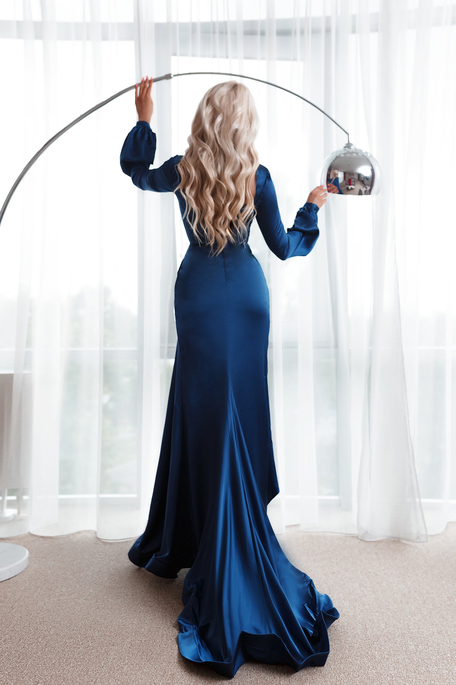 Tina Holly Couture Designer TK305 Indigo Silky Long Sleeved Formal Gown
