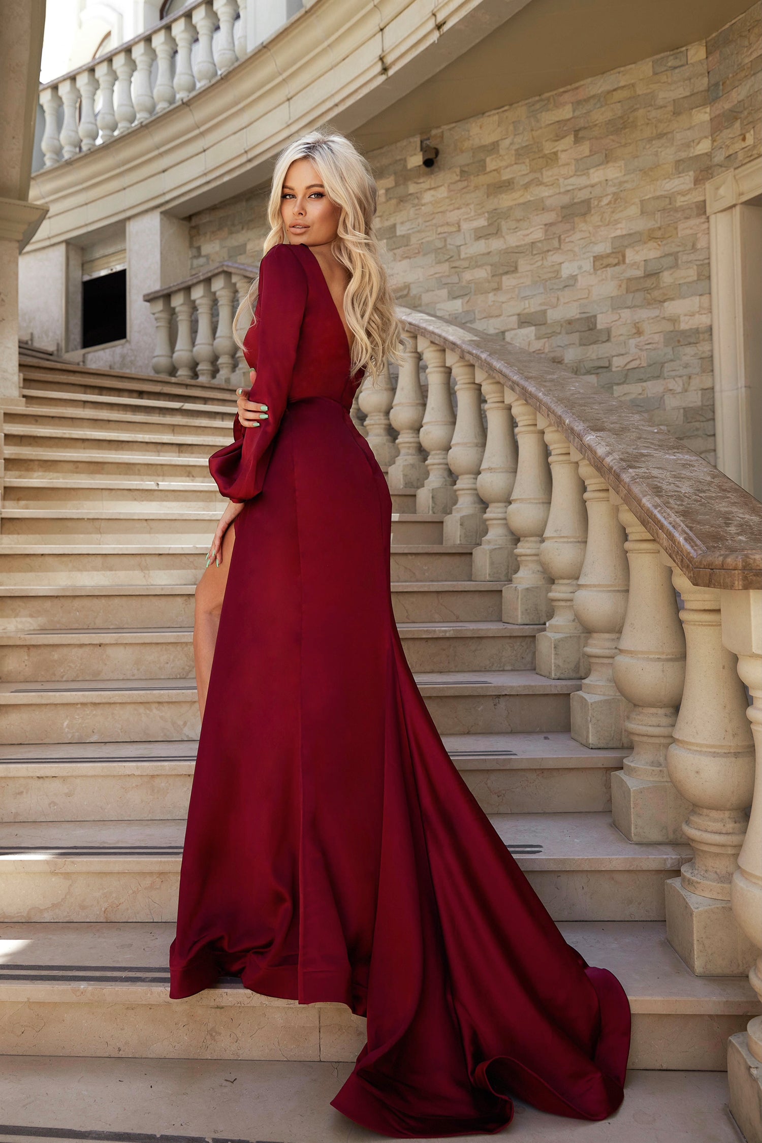 TINA HOLLY COUTURE TK305 Burgundy formal gown with long sleeves and leg slit, perfect for school formal, Brisbane to Gold Coast, Australia.