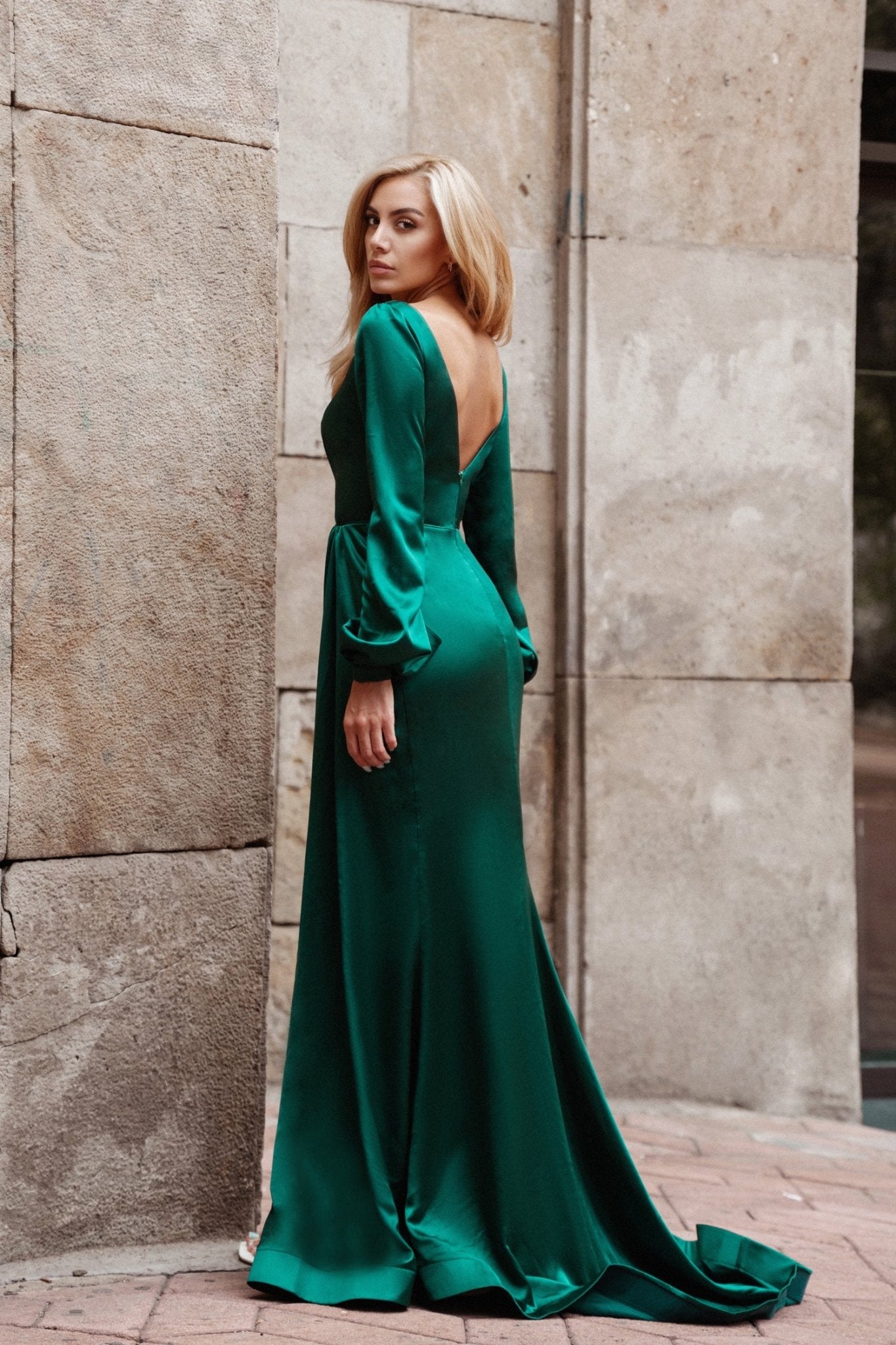 Tina Holly Couture Designer TK305 Emerald Green Silky Long Sleeved Formal Gown in Australia | One Honey Boutique