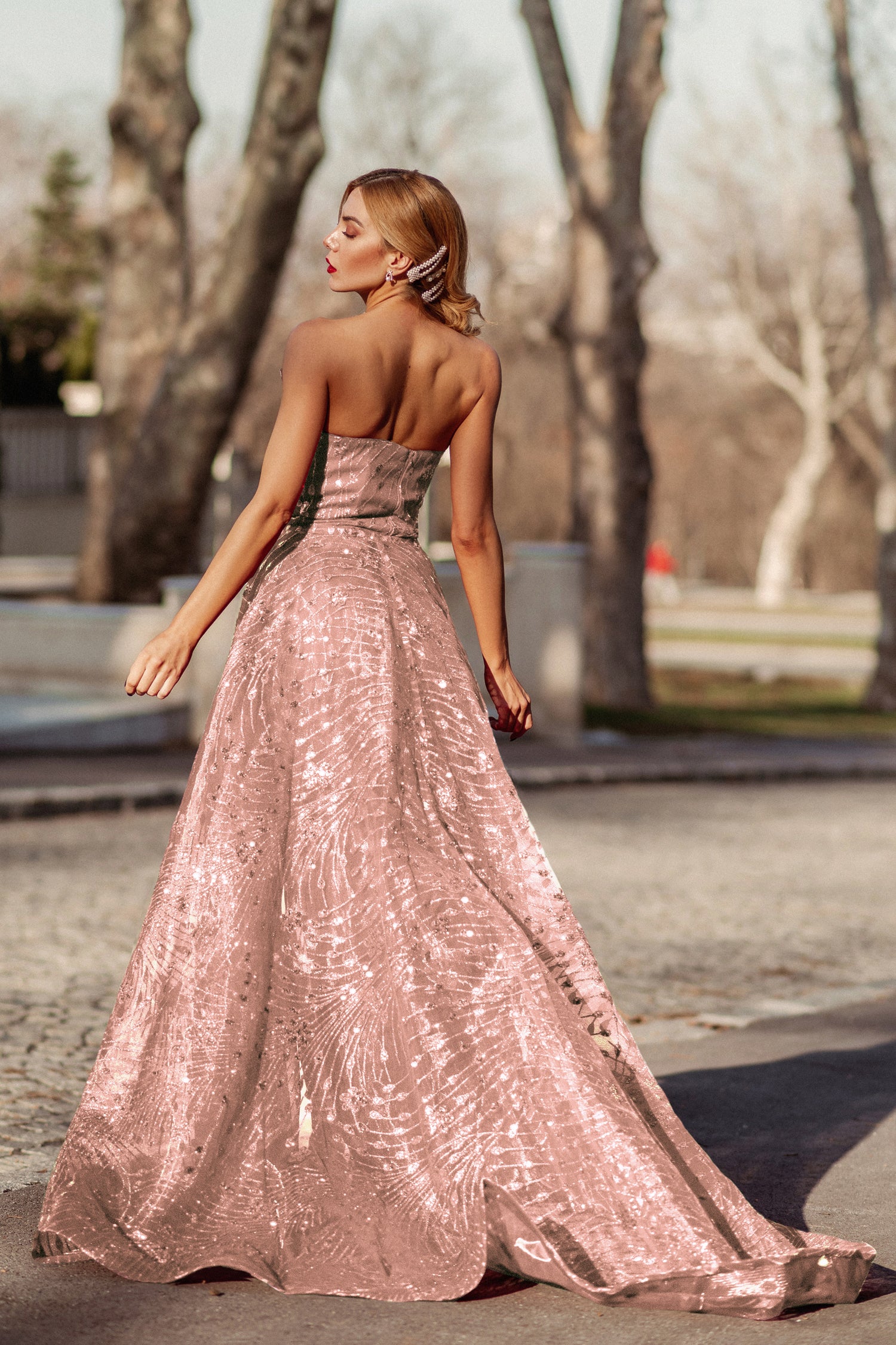 Tina Holly Couture Designer TK310 Rose Pink Glitter Formal Dress w Over Skirt