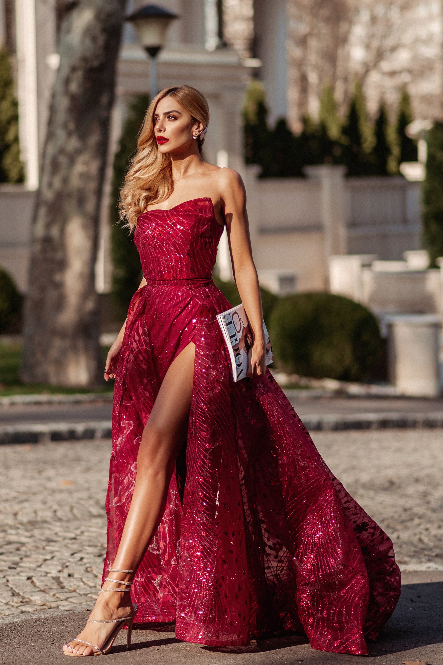 Tina Holly Couture Designer TK310 Wine Red Glitter Formal Dress w Over