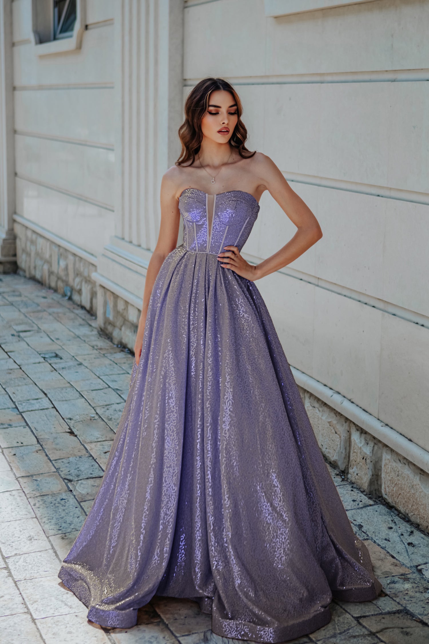 Tina Holly Couture TK313 Lilac Sequin Strapless Sweet Heart Neck Line With An A-Line Fit Formal Dress