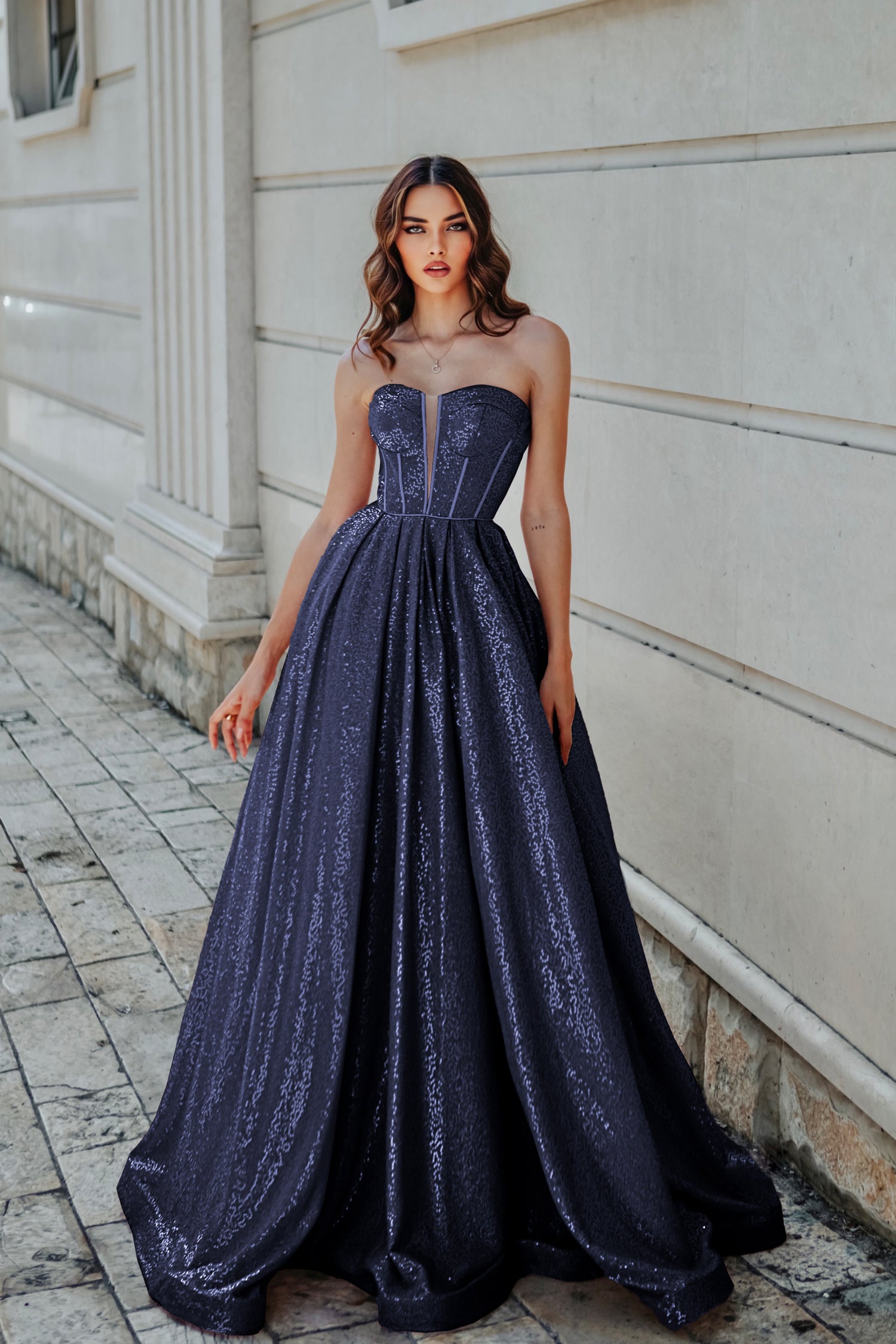 Tina Holly Couture TK313 Navy Sequin Strapless Sweet Heart Neck Line With An A-Line Fit Formal Dress