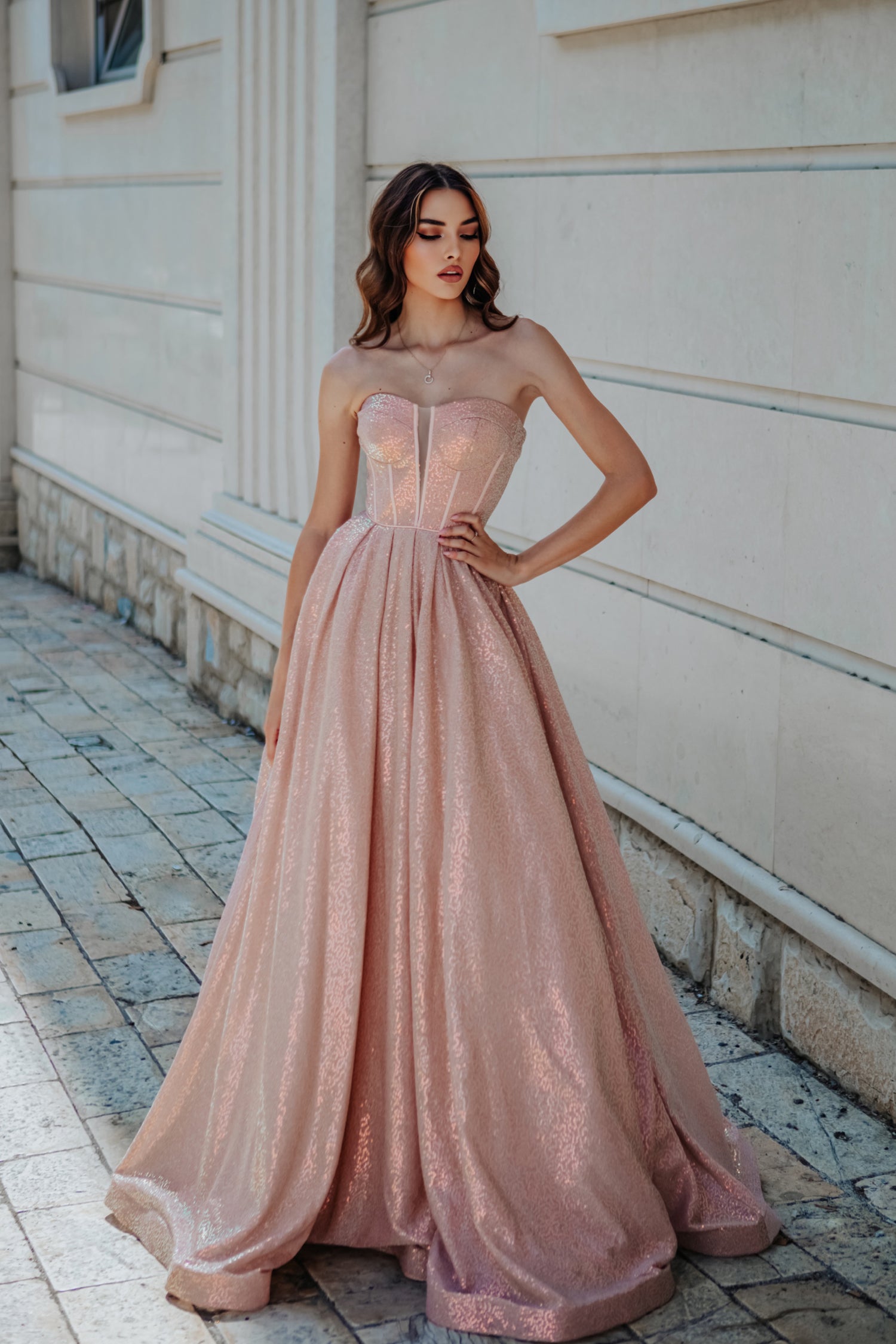 Tina Holly Couture TK313 Rose Gold Sequin Strapless Sweet Heart Neck Line With An A-Line Fit Formal Dress