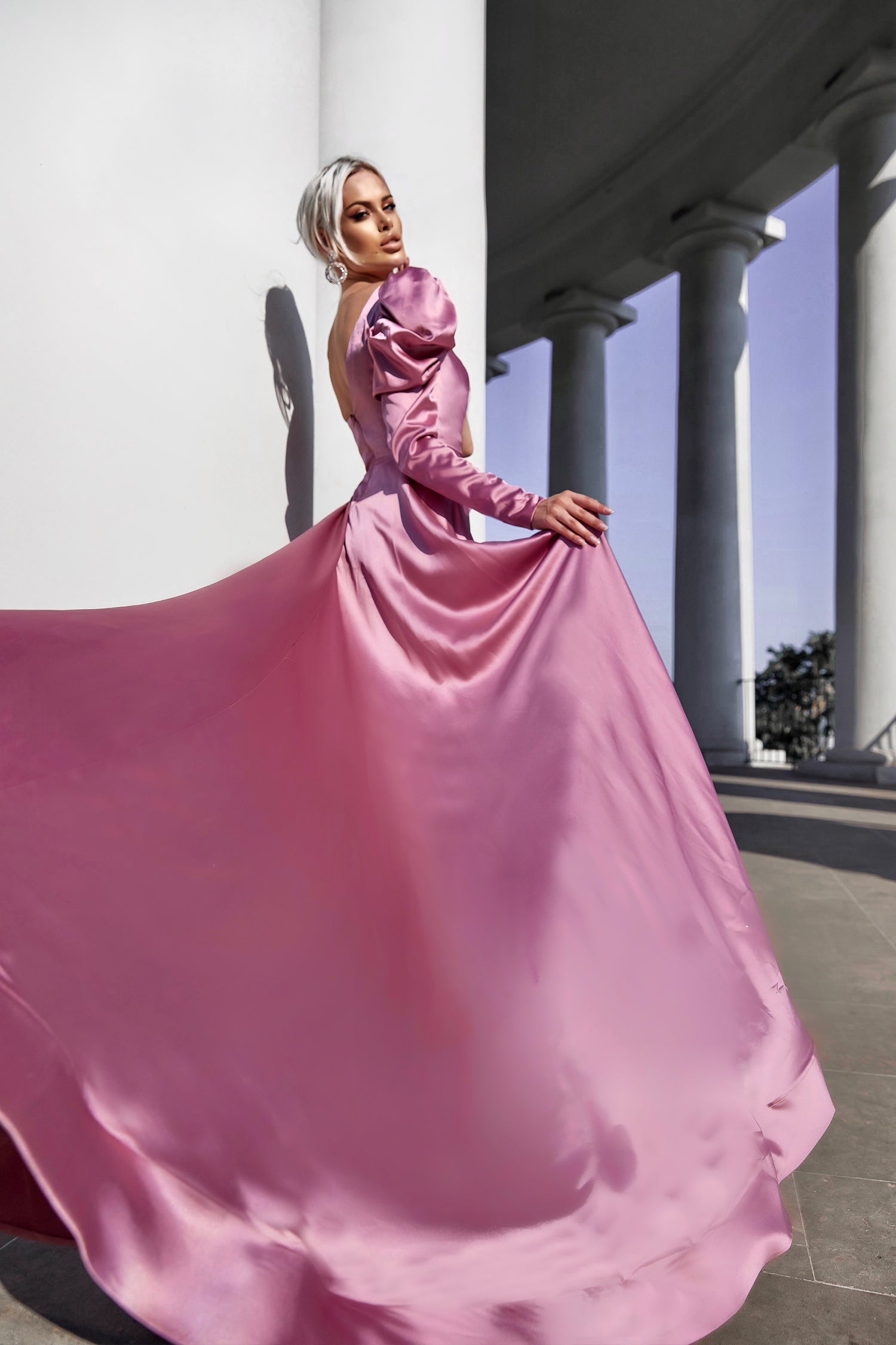 Tina Holly Couture TK333 mauve pink satin formal dress, asymmetrical neckline, puff sleeves, school formal gown, Brisbane to Gold Coast.